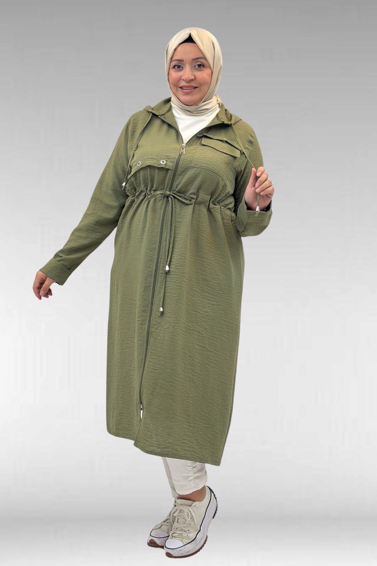 63008 Büyük Beden Kuşgözü Detaylı Keten Kap - Haki