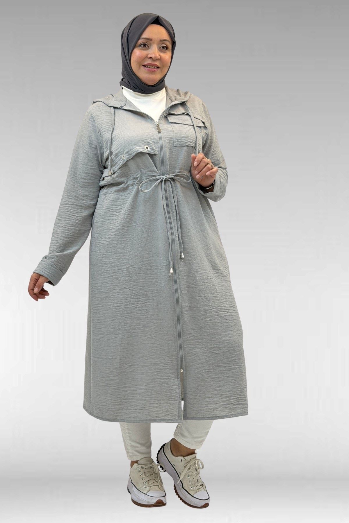 63008 Büyük Beden Kuşgözü Detaylı Keten Kap - Gri