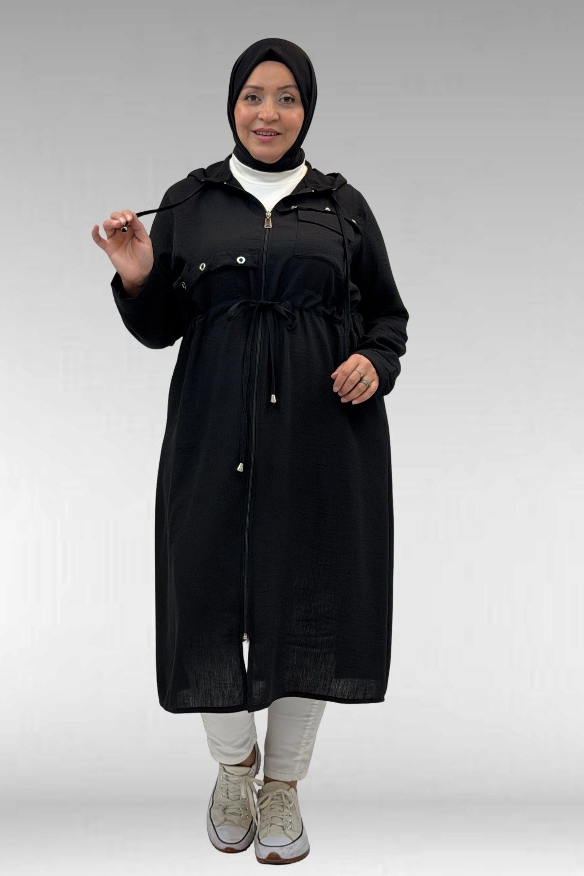 63008 Büyük Beden Kuşgözü Detaylı Keten Kap - Siyah