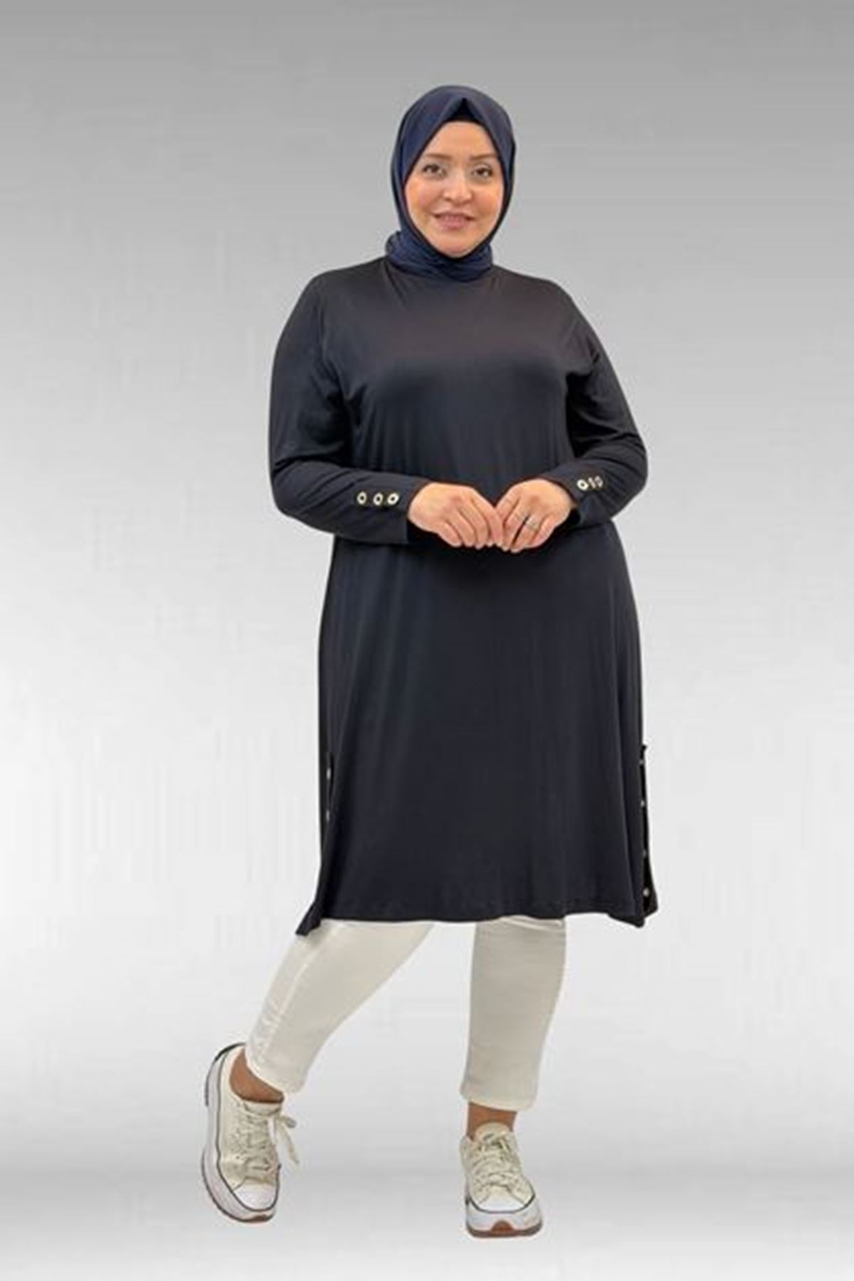 D-68029 Büyük Beden Yanları Kuşgözü Detaylı Penye Tunik - Koyu Lacivert 