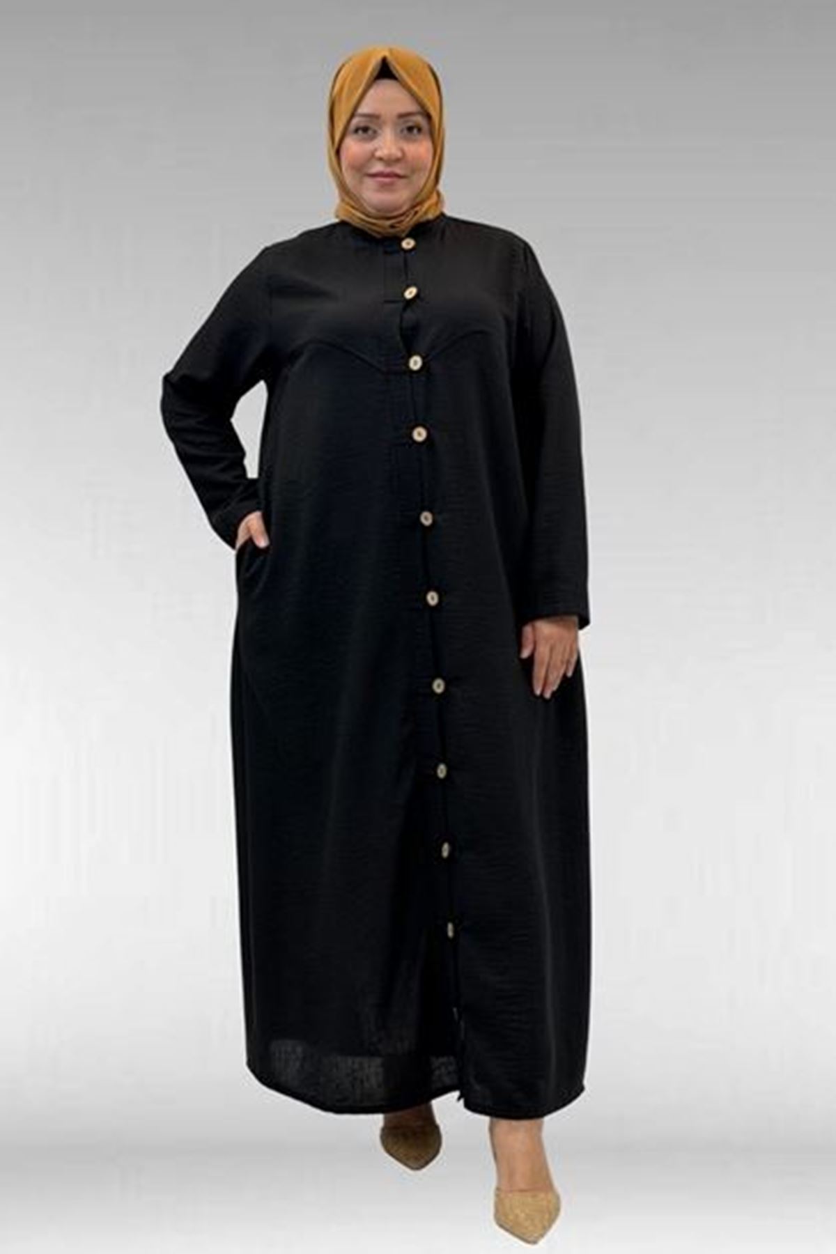 D-66003 Büyük Beden Boydan Düğmeli Keten Ferace - Siyah