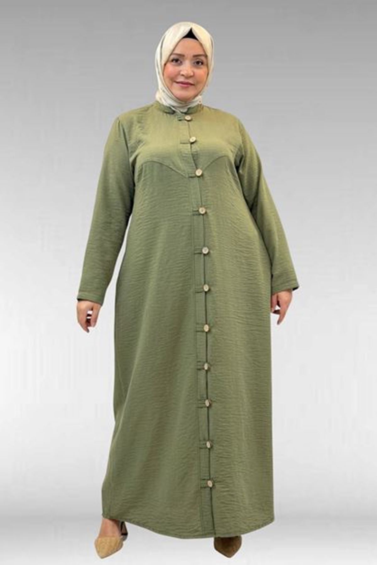 D-66003 Büyük Beden Boydan Düğmeli Keten Ferace - Haki