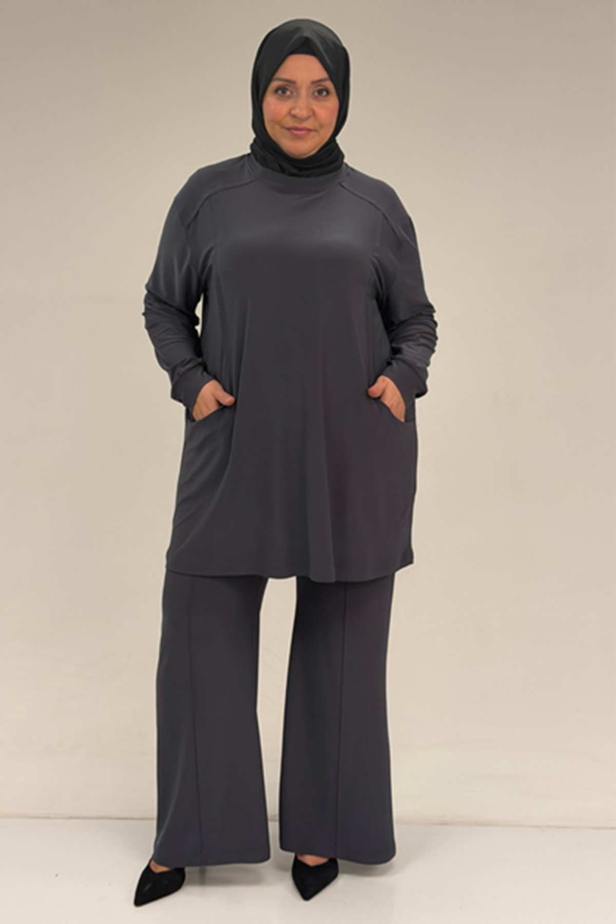 D-67031 Büyük Beden Yanları Cep Detaylı Pantolonlu Sandy Takım - Antrasit