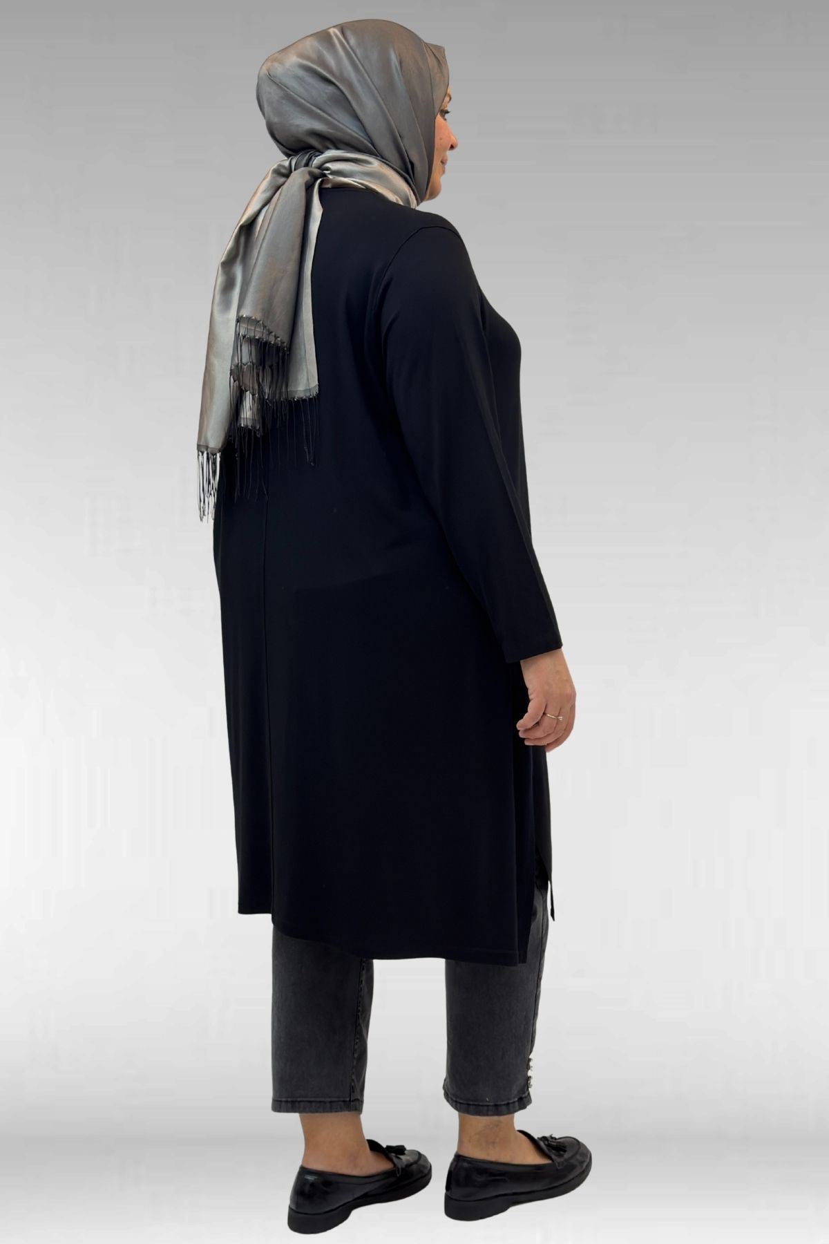 58070 Büyük Beden Asimetrik Kesim Penye Tunik - Siyah