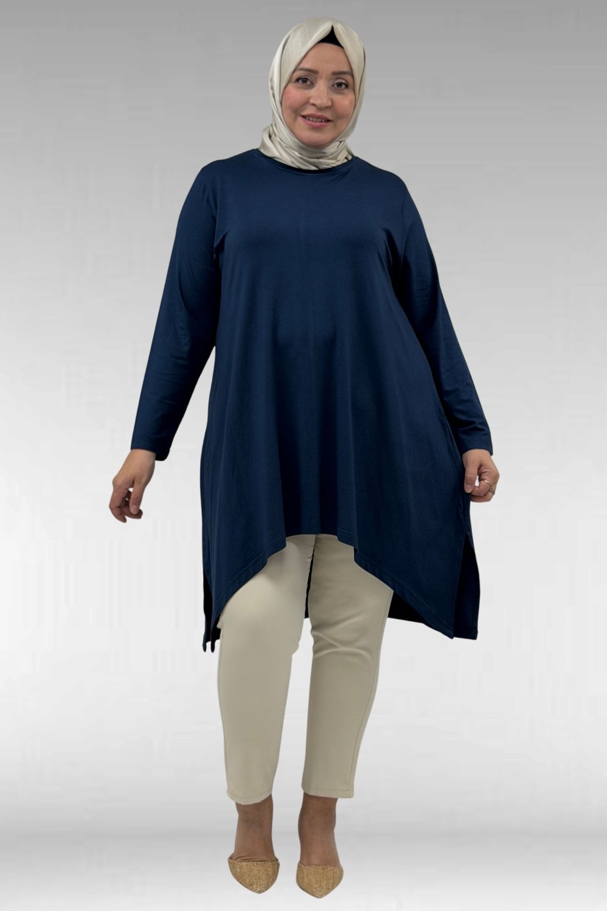 58070 Büyük Beden Asimetrik Kesim Penye Tunik - Petrol 