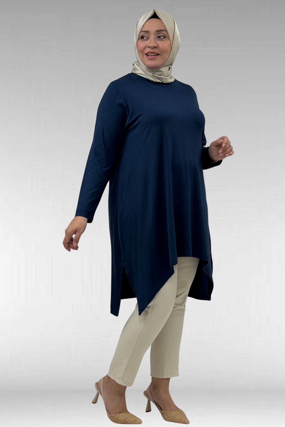 58070 Büyük Beden Asimetrik Kesim Penye Tunik - Petrol 