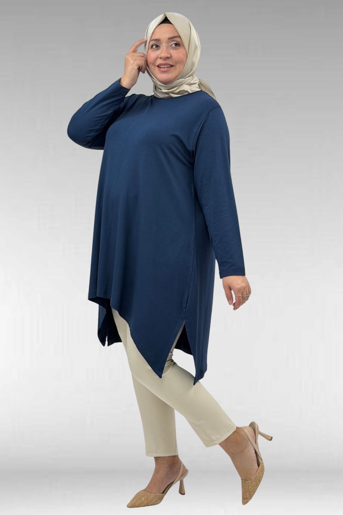 58070 Büyük Beden Asimetrik Kesim Penye Tunik - Petrol 