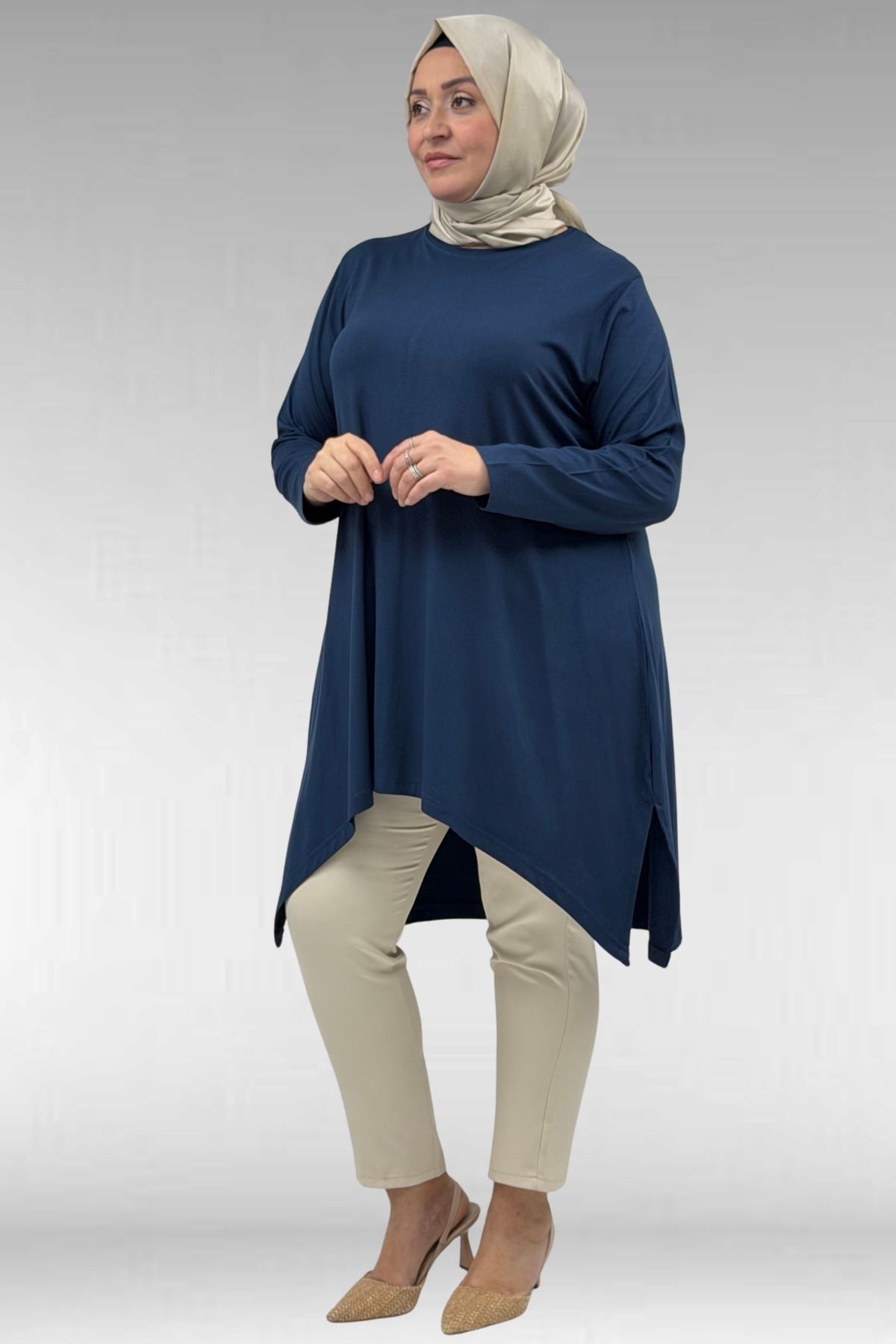 58070 Büyük Beden Asimetrik Kesim Penye Tunik - Petrol 