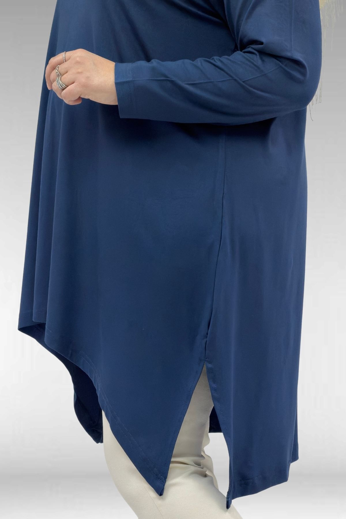 58070 Büyük Beden Asimetrik Kesim Penye Tunik - Petrol 