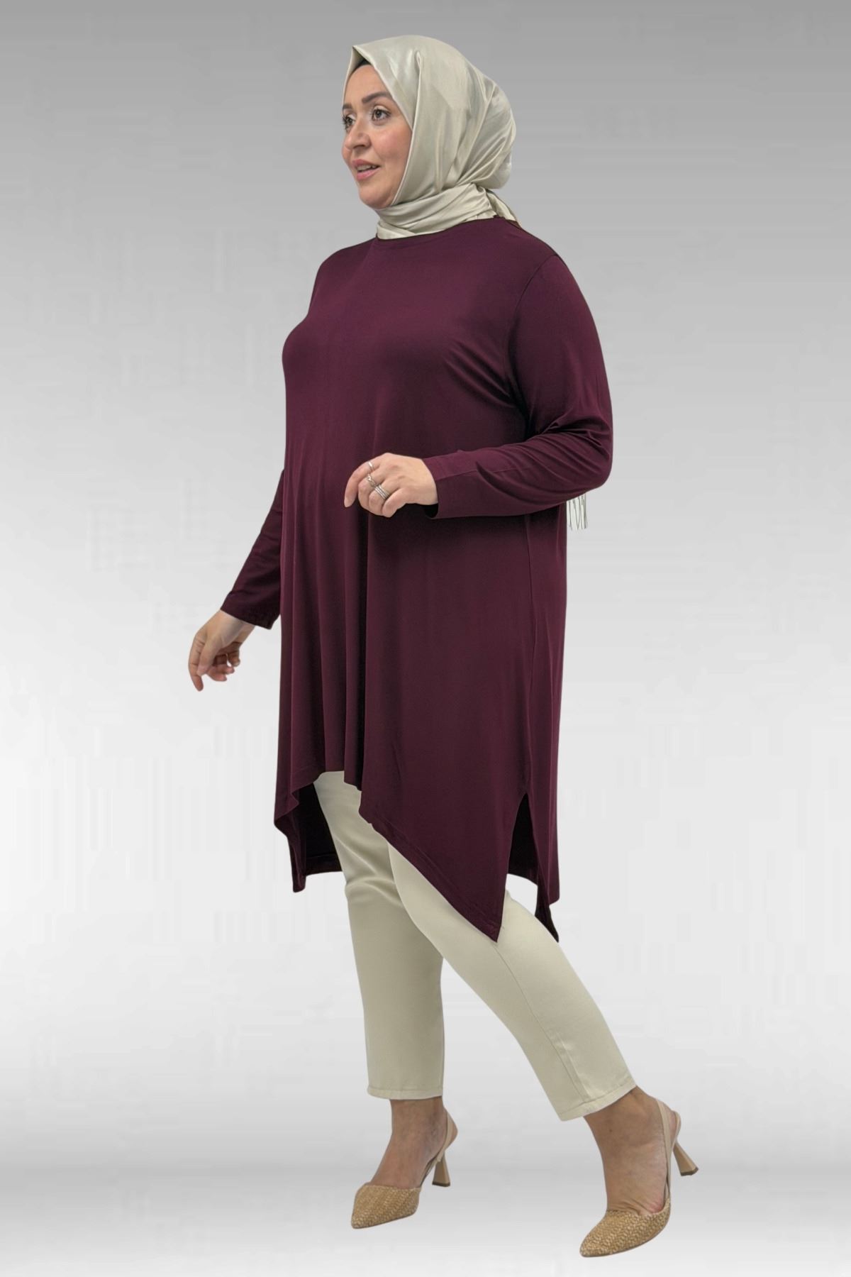 58070 Büyük Beden Asimetrik Kesim Penye Tunik - Bordo