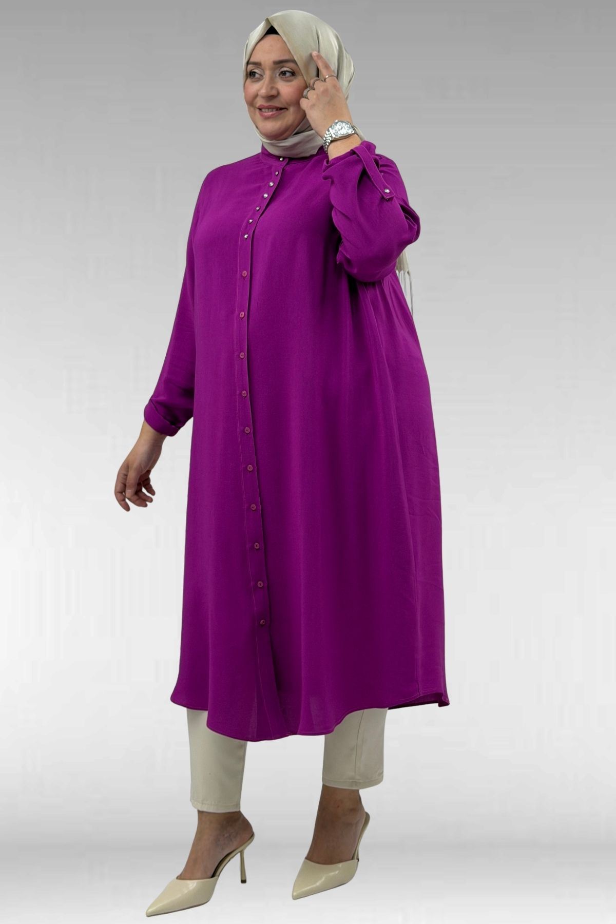 68039 Büyük Beden Hakim Yaka Maroken Gömlek - Fuşya