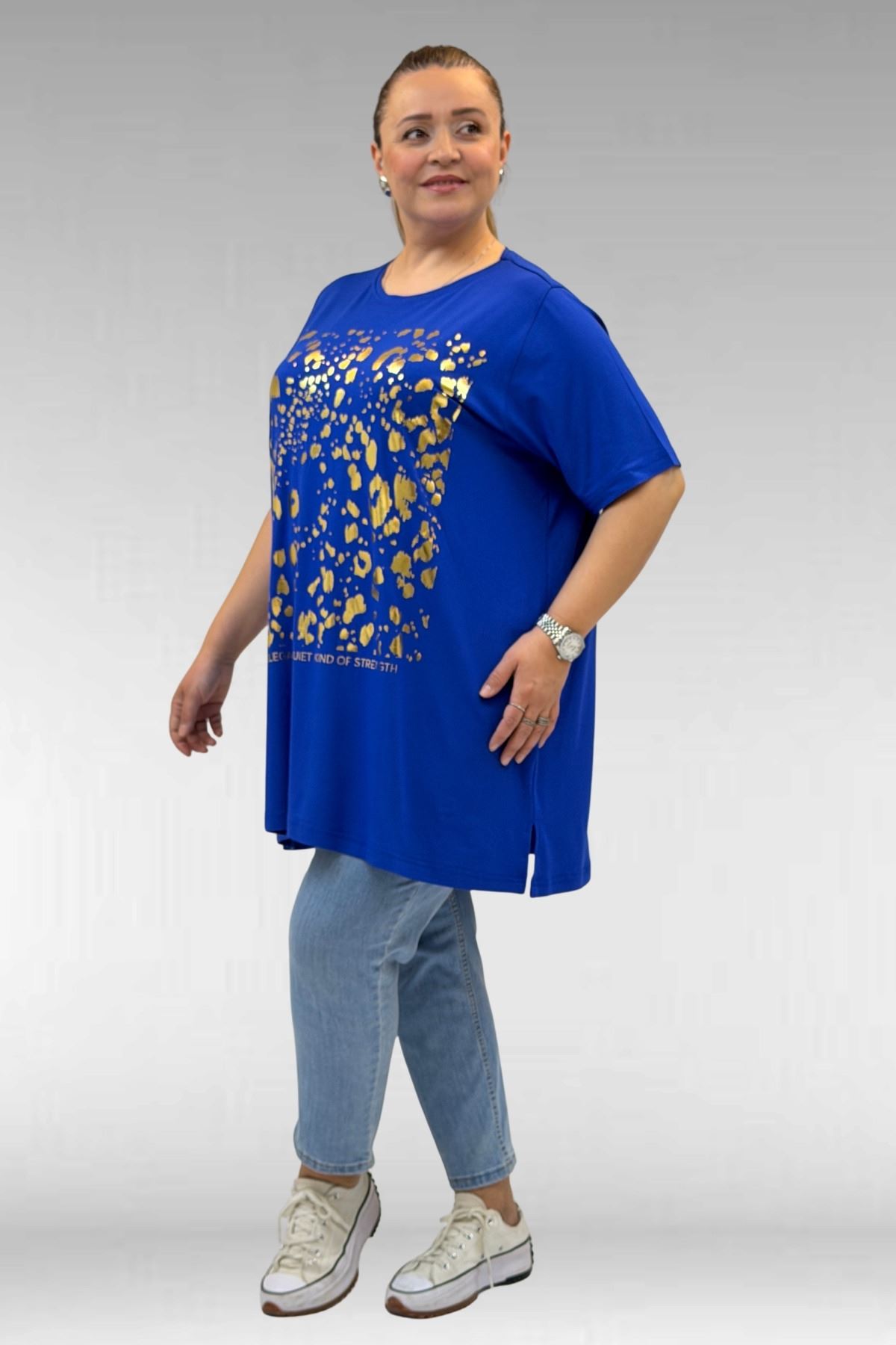 68502 Büyük Beden  Yakası Biyeli Önü Baskılı Penye Tişört - Saks