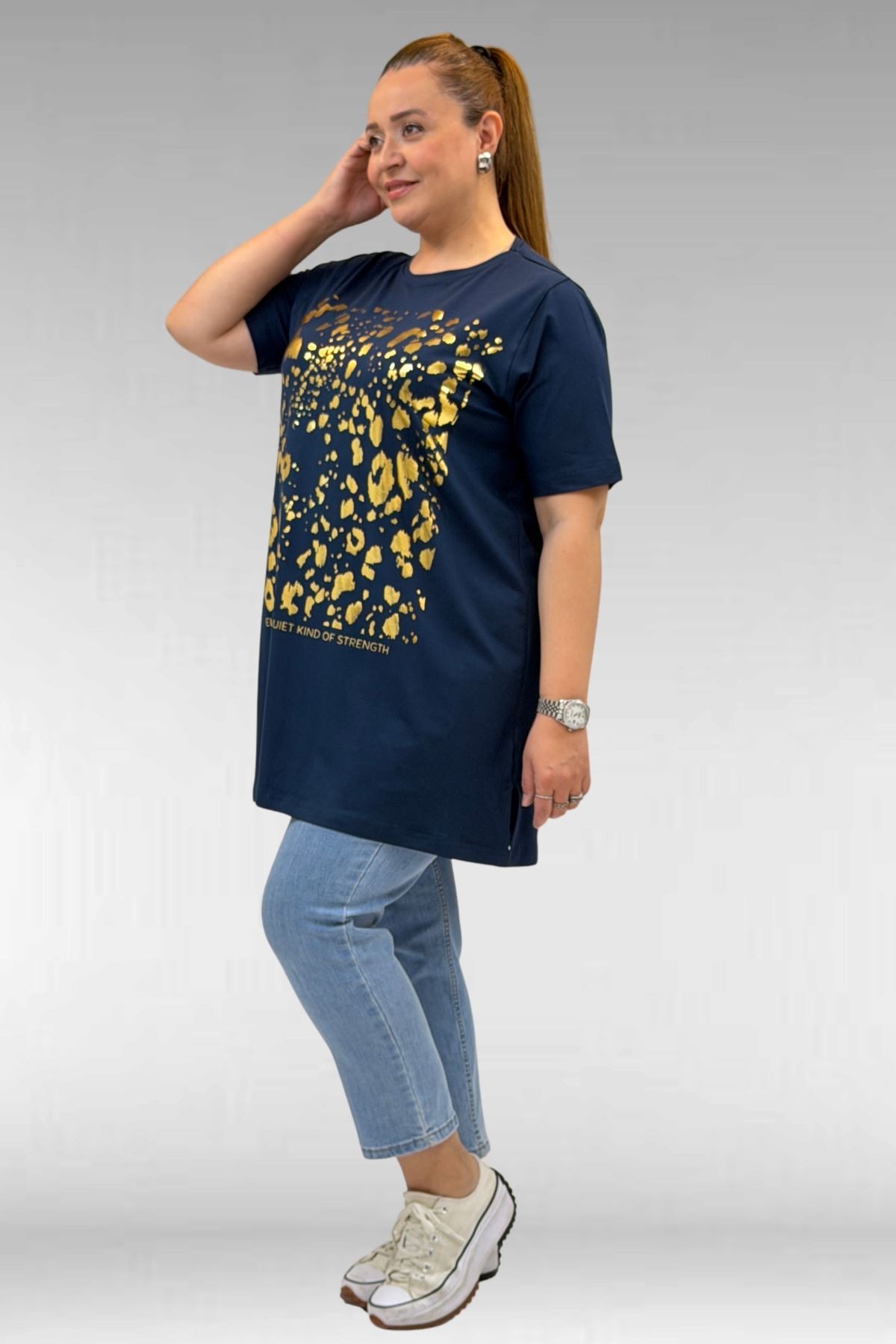 68502 Büyük Beden  Yakası Biyeli Önü Baskılı Penye Tişört - Petrol