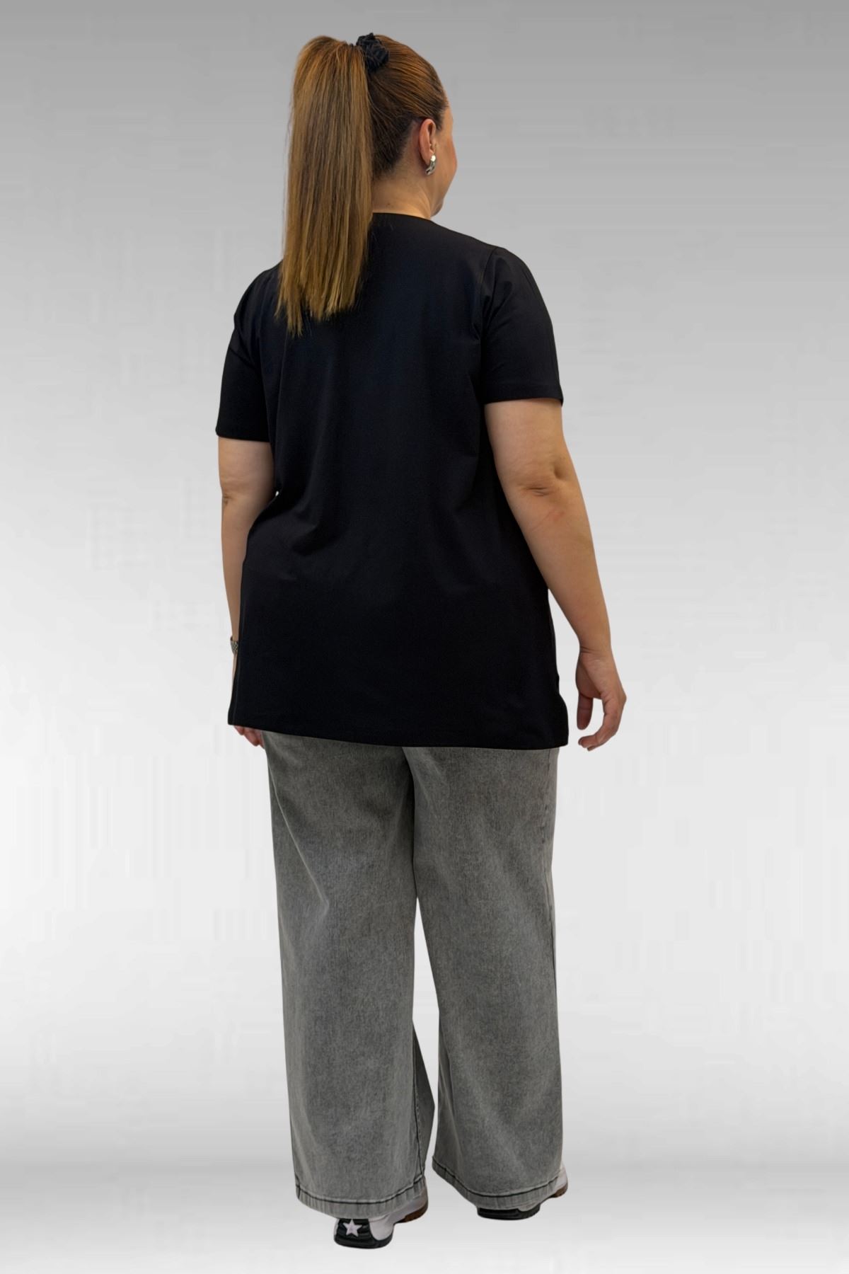 68502 Büyük Beden  Yakası Biyeli Önü Baskılı Penye Tişört - Siyah