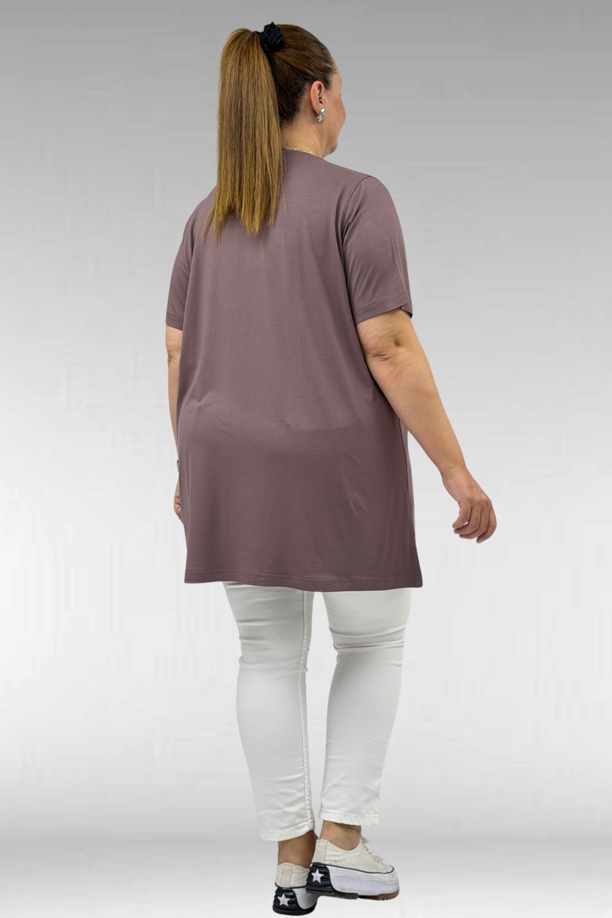 68503 Büyük Beden Yakası Biyeli Baskılı Penye Tişört - Vizon