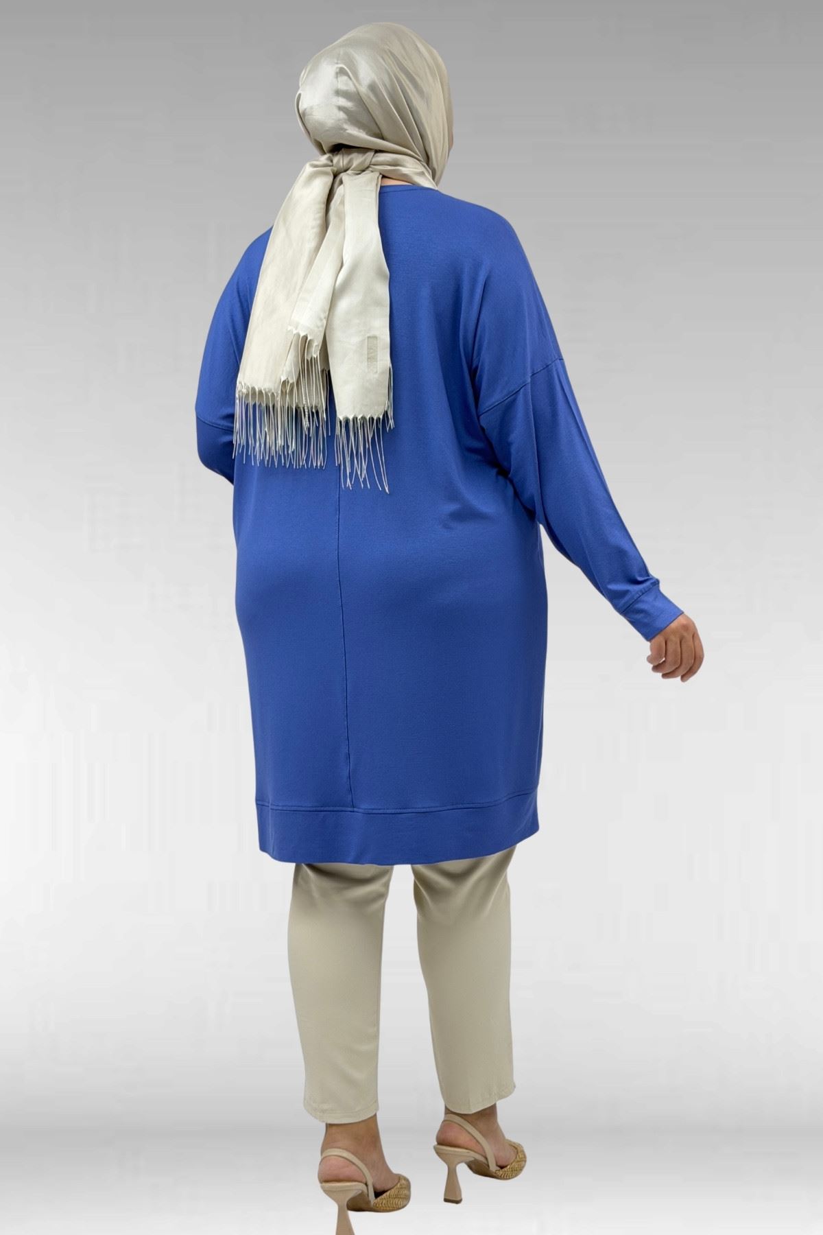 68027 Büyük Beden Yıldız Taş Baskılı Penye Tunik - İndigo