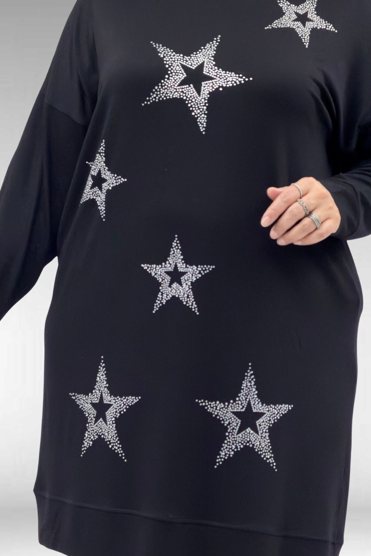 68027 Büyük Beden Yıldız Taş Baskılı Penye Tunik - Siyah