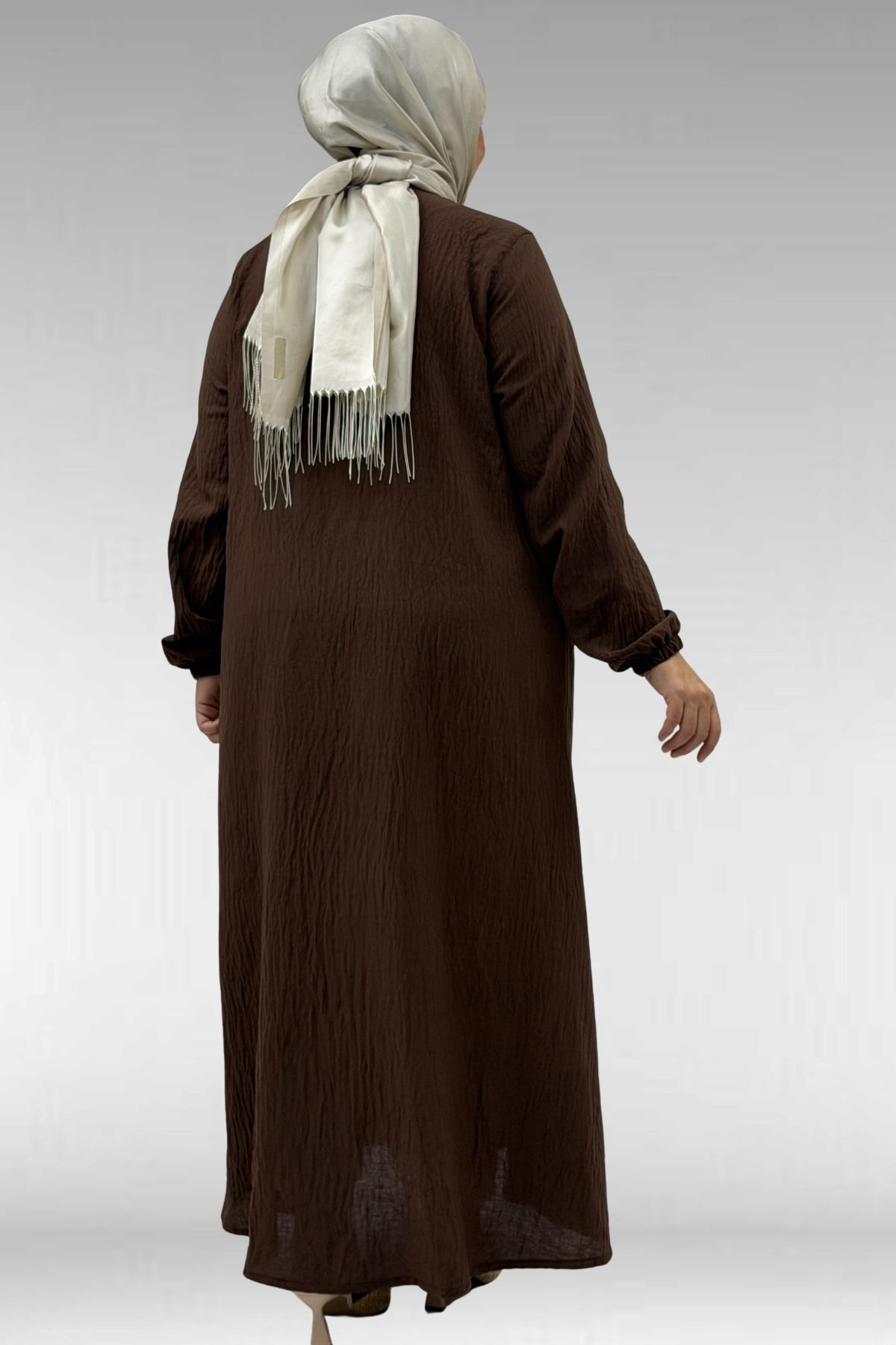 66005 Büyük Beden Patlı Pat Üzerinde Taş Detaylı Ferace - Kahve