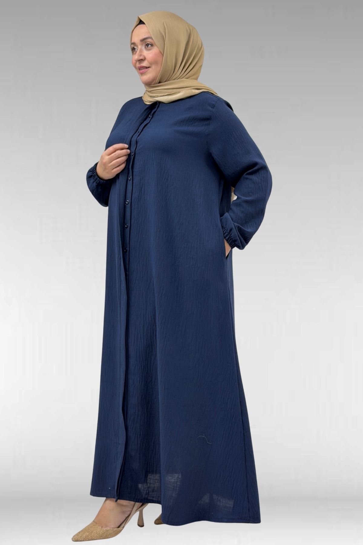 66005 Büyük Beden Patlı Pat Üzerinde Taş Detaylı Ferace - Lacivert