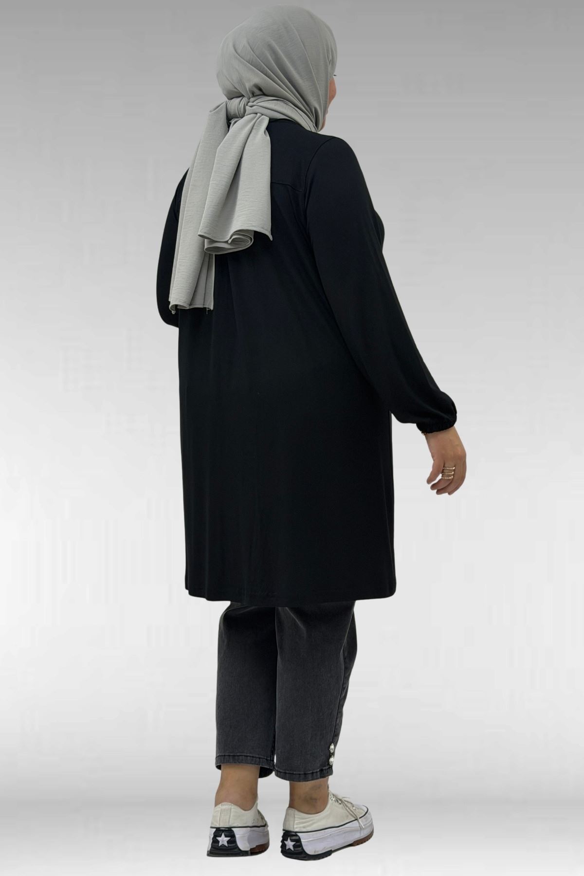 38014 Plus Size Pocket Detailed Combed Cotton Tunic - Black