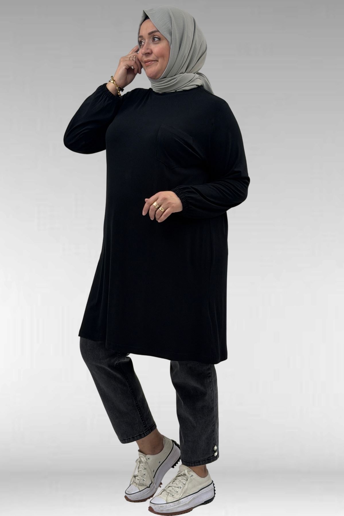 38014 Plus Size Pocket Detailed Combed Cotton Tunic - Black
