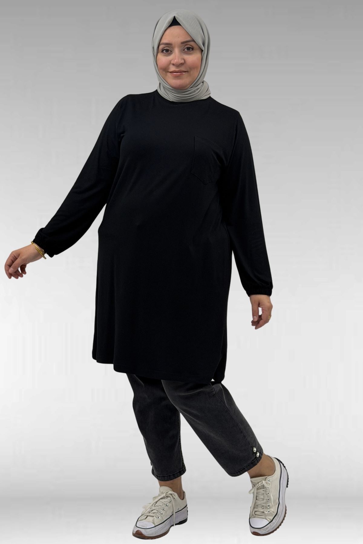 38014 Plus Size Pocket Detailed Combed Cotton Tunic - Black