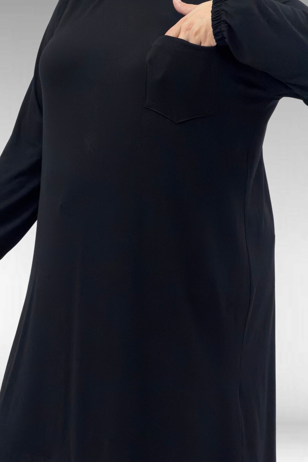 38014 Plus Size Pocket Detailed Combed Cotton Tunic - Black