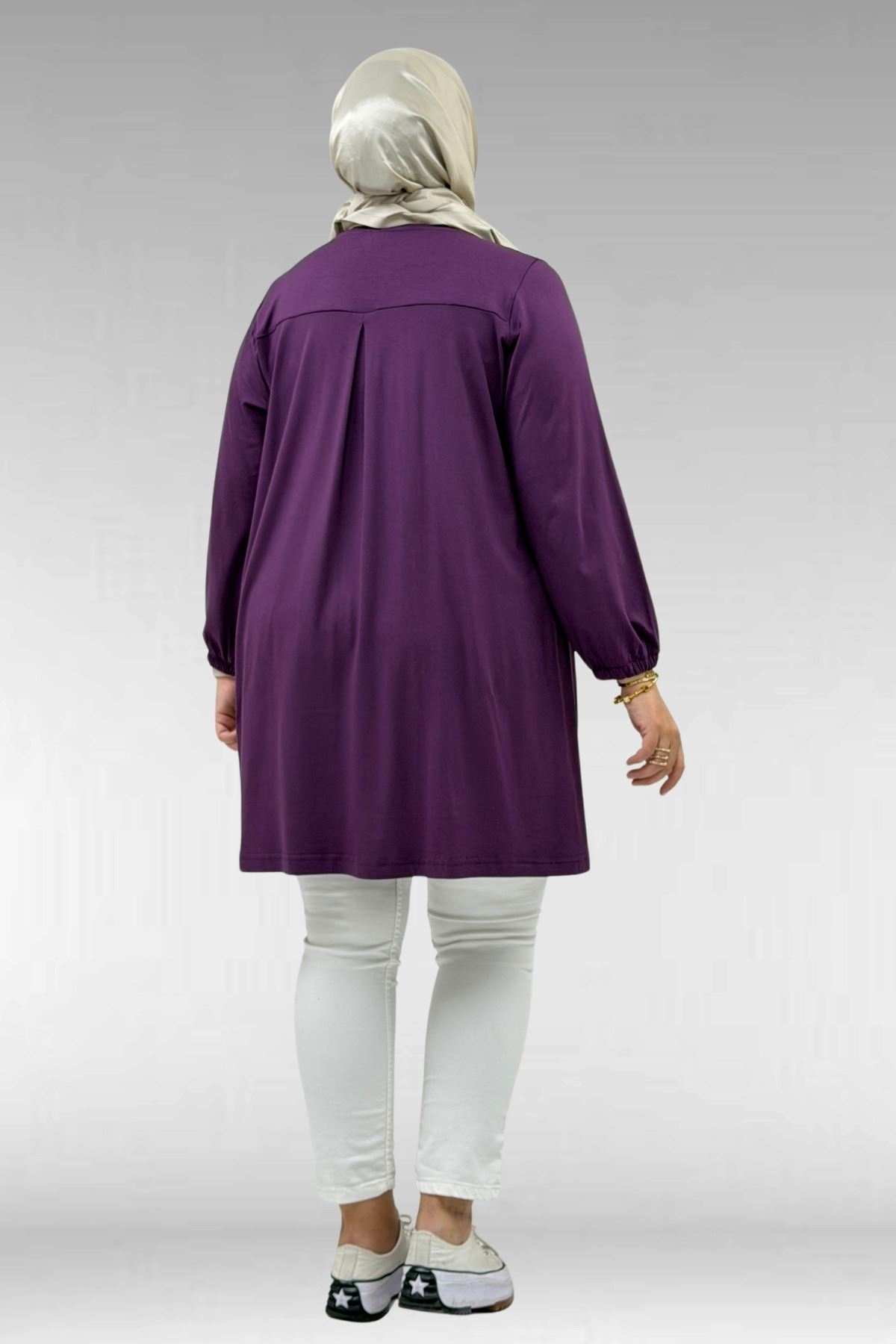 38014 Plus Size Pocket Detailed Combed Cotton Tunic - Navy blue