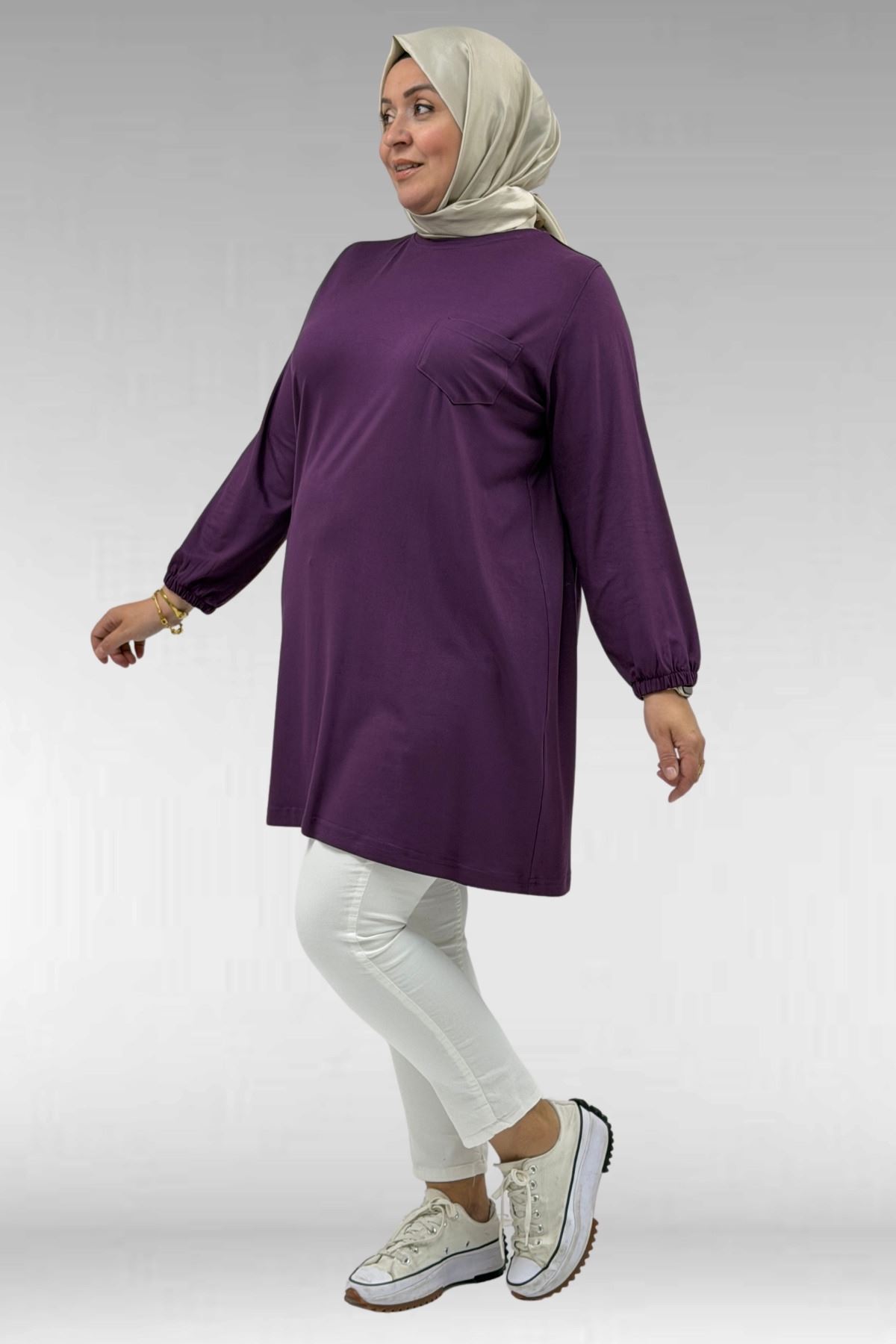 38014 Plus Size Pocket Detailed Combed Cotton Tunic - Navy blue