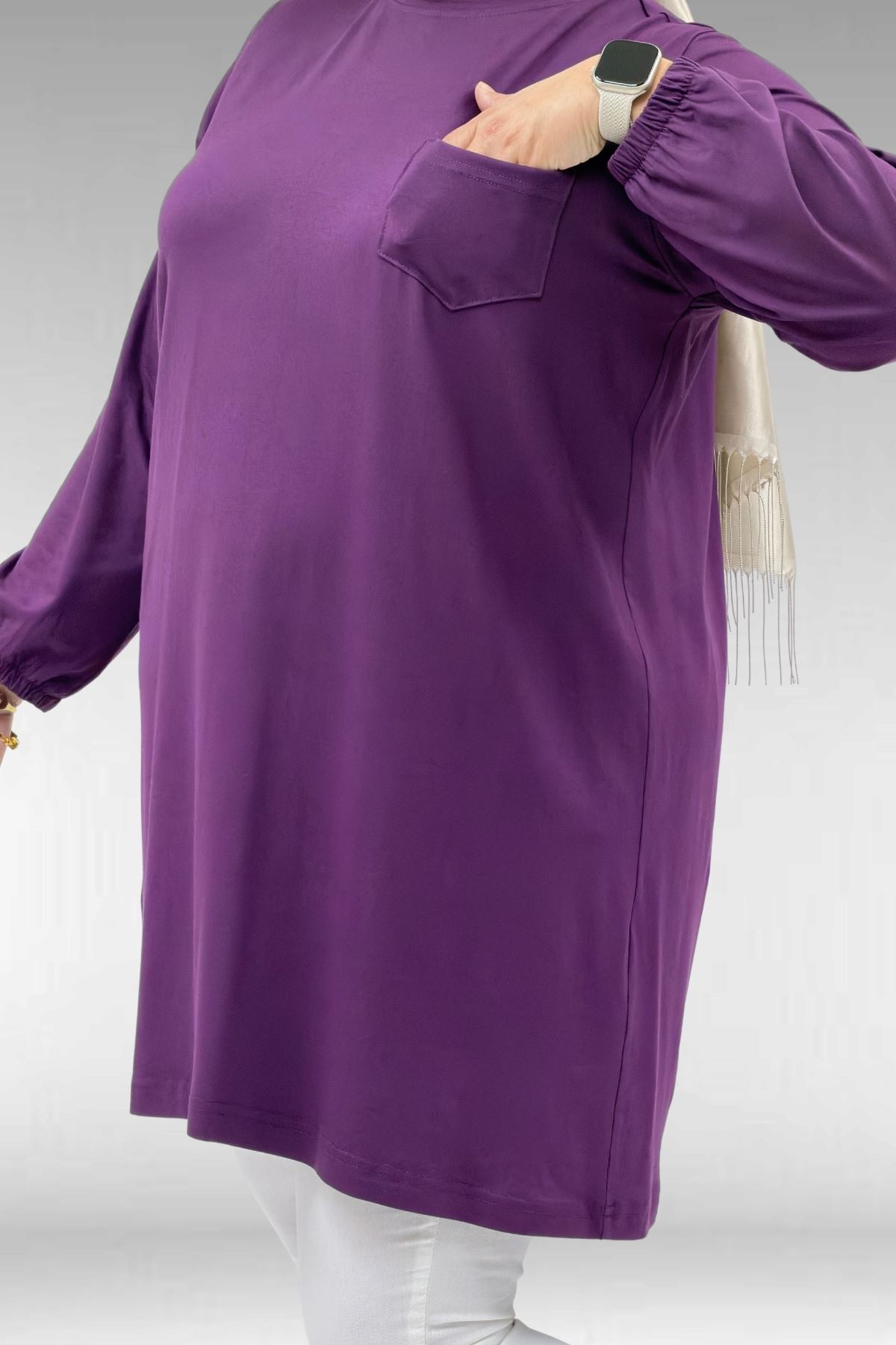 38014 Plus Size Pocket Detailed Combed Cotton Tunic - Navy blue