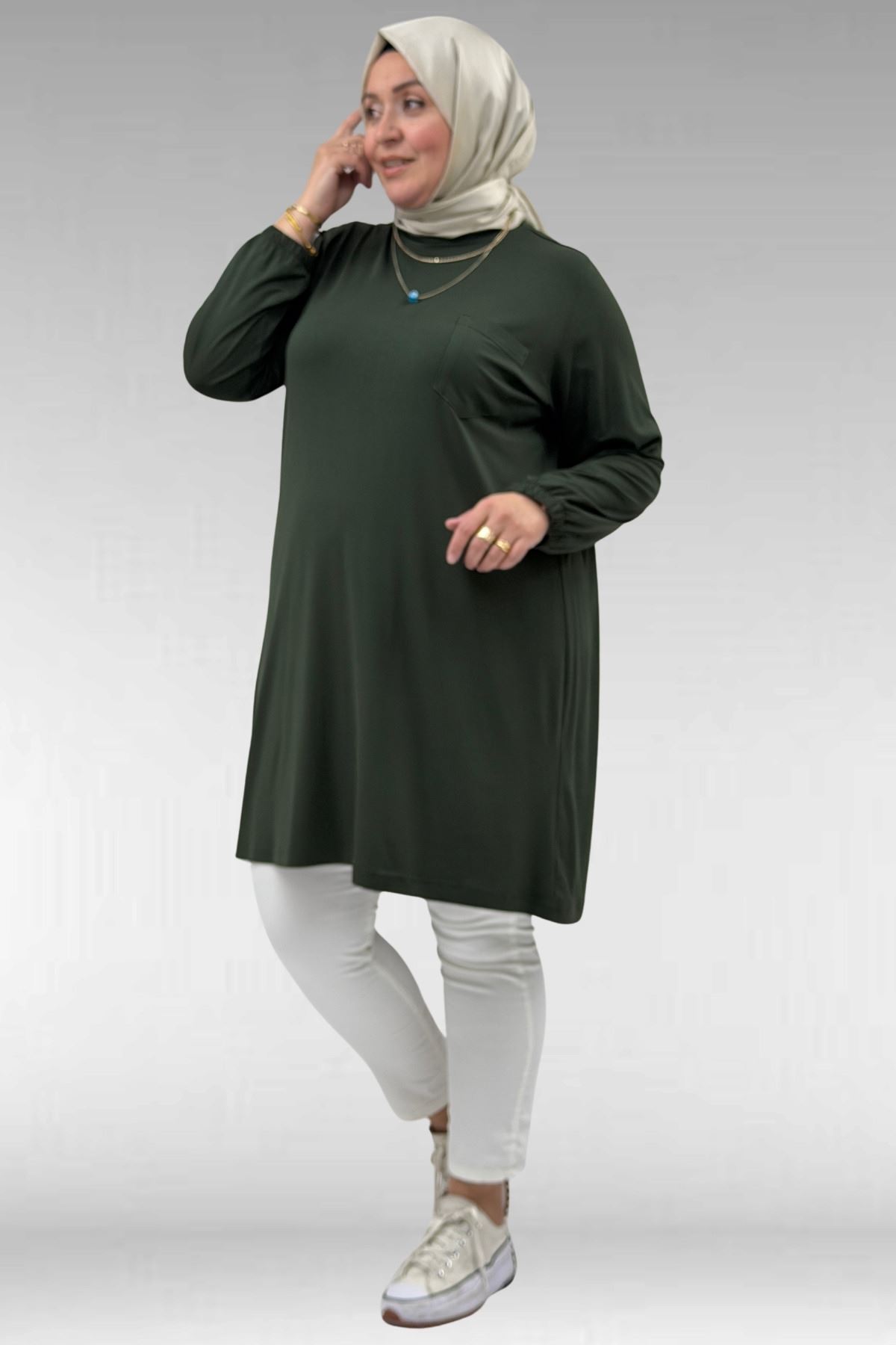 38014 Plus Size Pocket Detailed Combed Cotton Tunic - Khaki