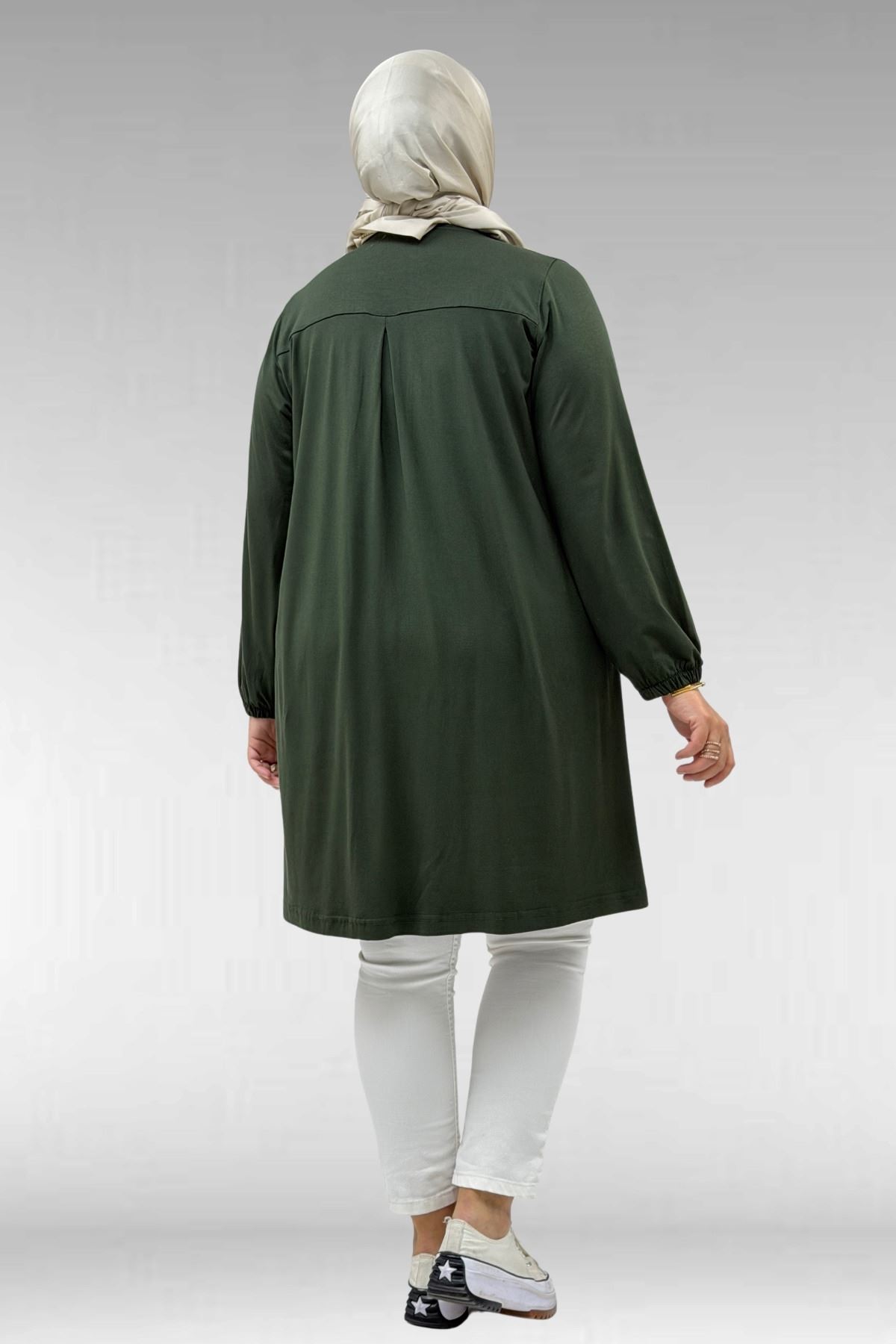 38014 Plus Size Pocket Detailed Combed Cotton Tunic - Khaki