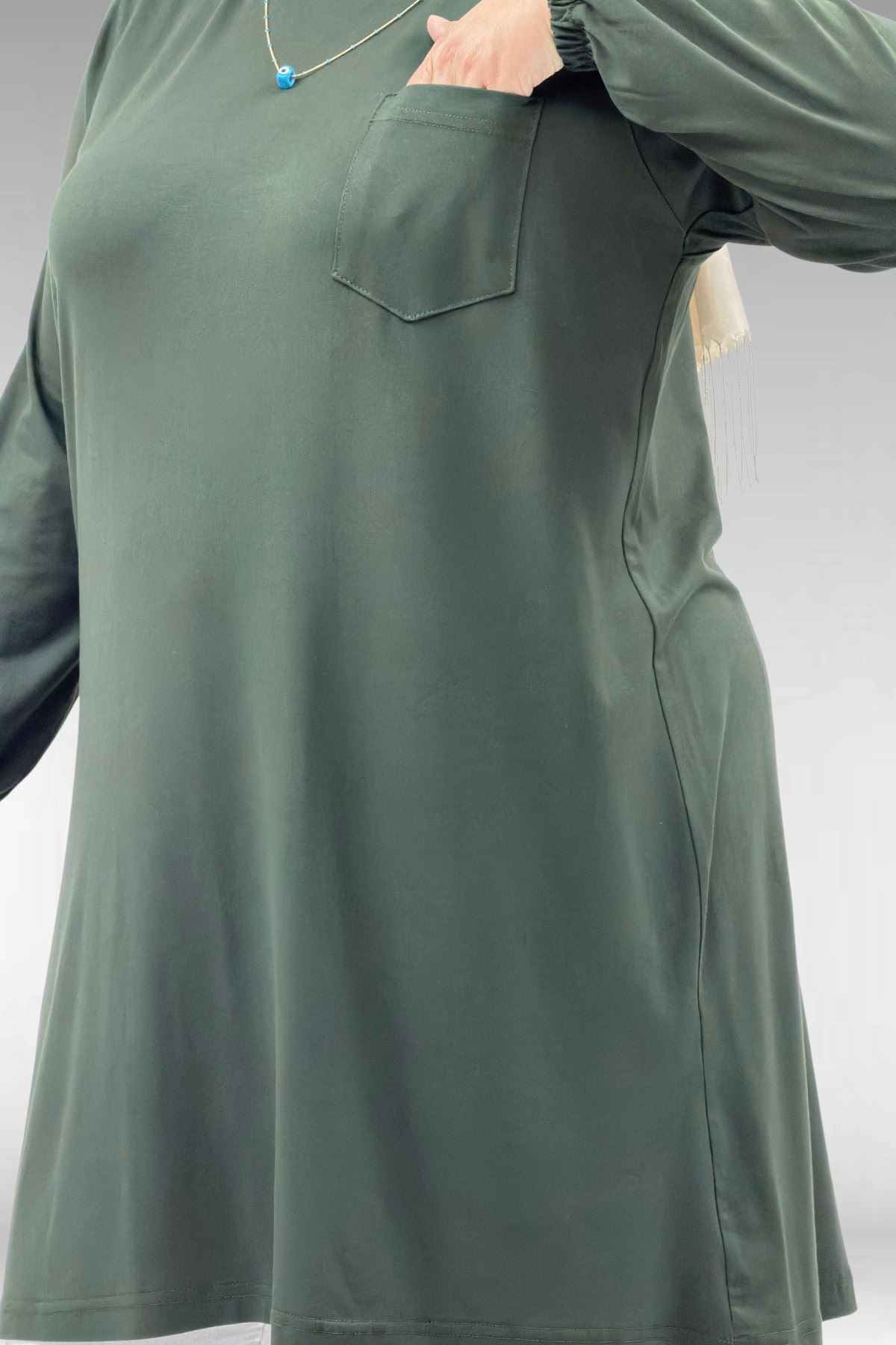 38014 Plus Size Pocket Detailed Combed Cotton Tunic - Khaki