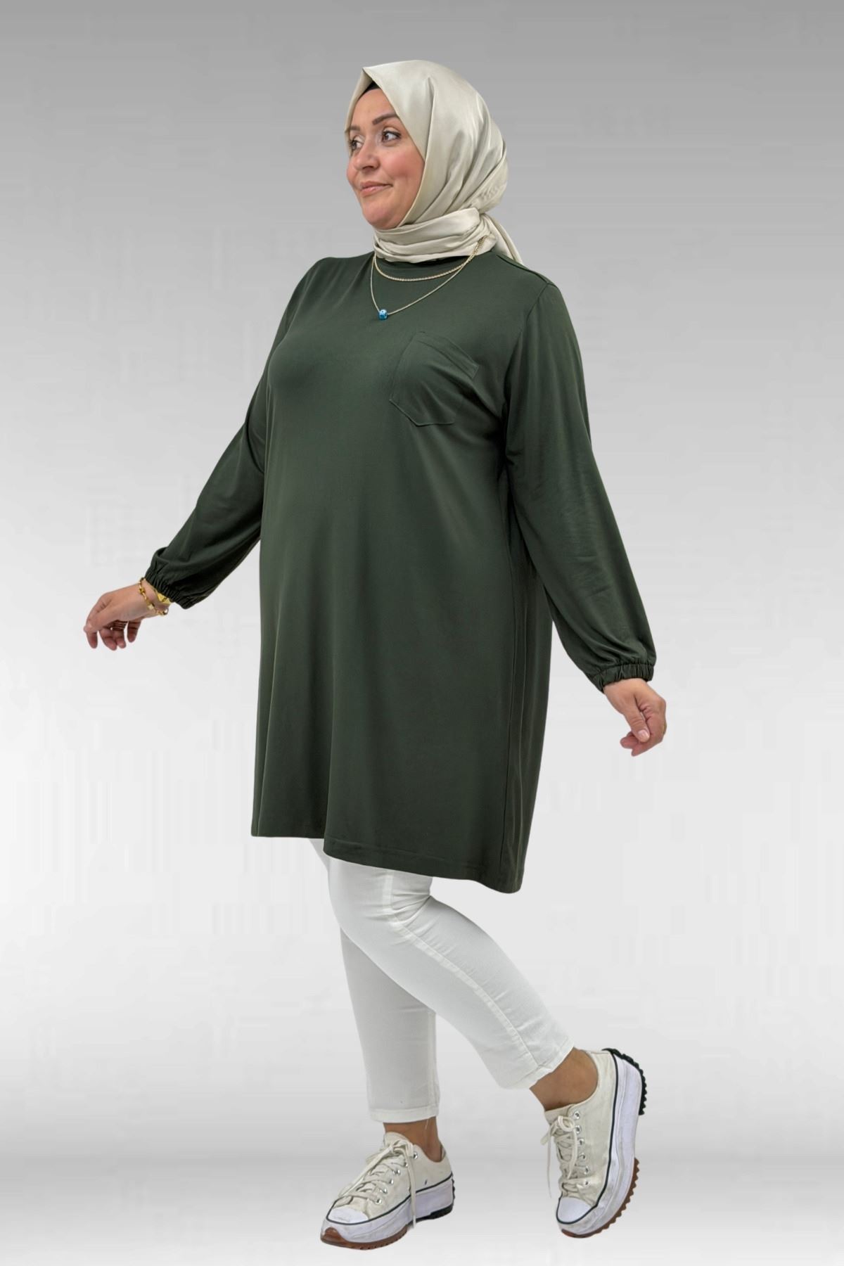 38014 Plus Size Pocket Detailed Combed Cotton Tunic - Khaki