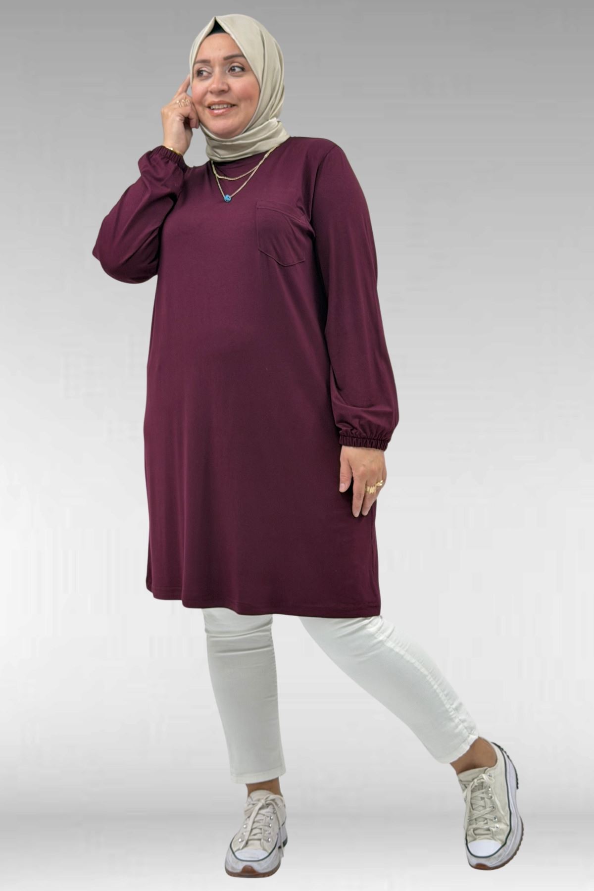 38014 Büyük Beden  Basic Penye Tunik - Bordo