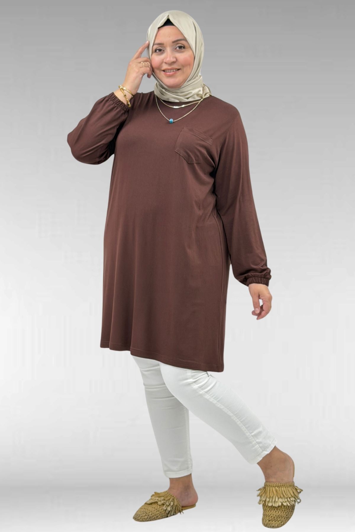 38014 Plus Size Pocket Detailed Combed Cotton Tunic - Black
