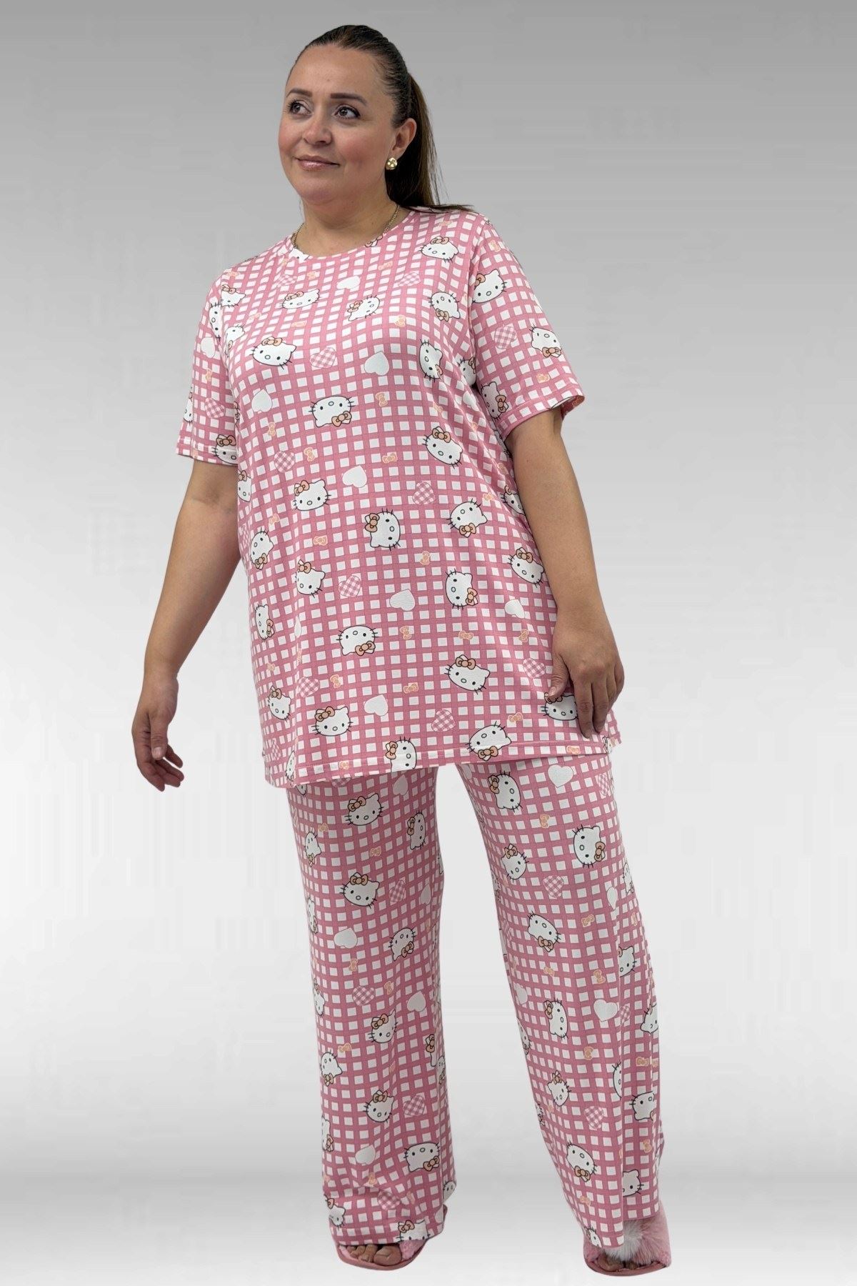 67801 Büyük Beden Kısakol Desenli  Pijama Takımı - Kedi Desenli