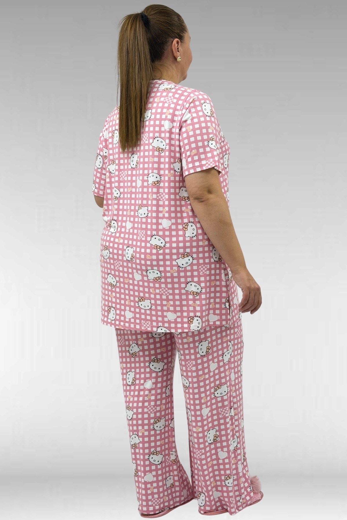 67801 Büyük Beden Kısakol Desenli  Pijama Takımı - Kedi Desenli
