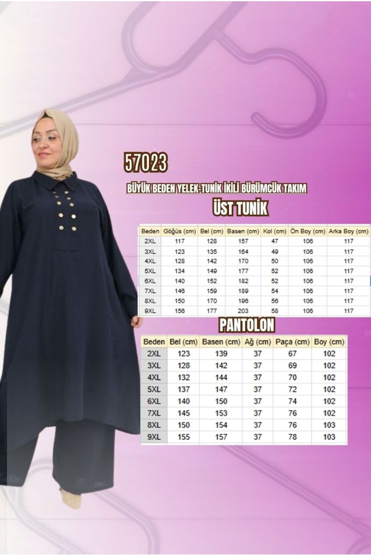 57023 Büyük Beden Pat Üzerinde Çakma Çıtçıtlı Pantolonlu Takım - Mürdüm