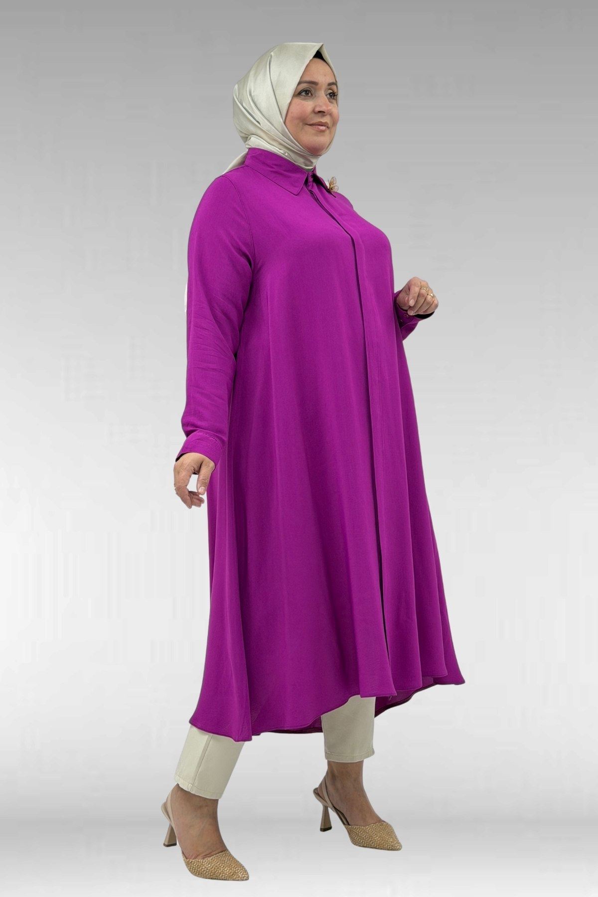 68034 Büyük Beden Broş Detaylı Mevlana Gömlek - Fuşya
