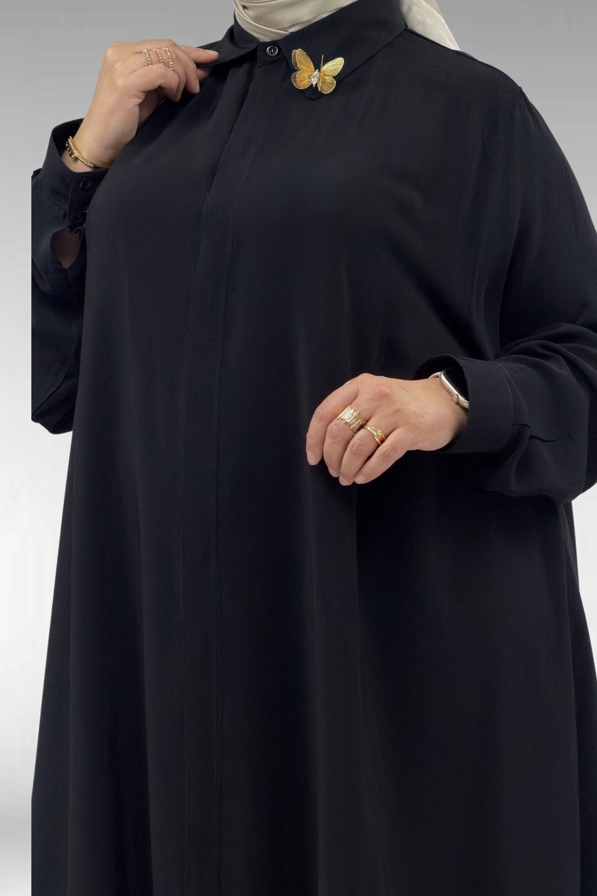 68034 Büyük Beden Broş Detaylı Mevlana Gömlek - Siyah