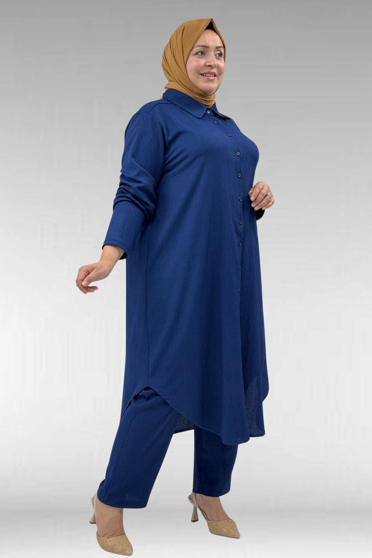 37013 Large Size Buttoned Suit with Wrinkled Trousers-Navy Blue