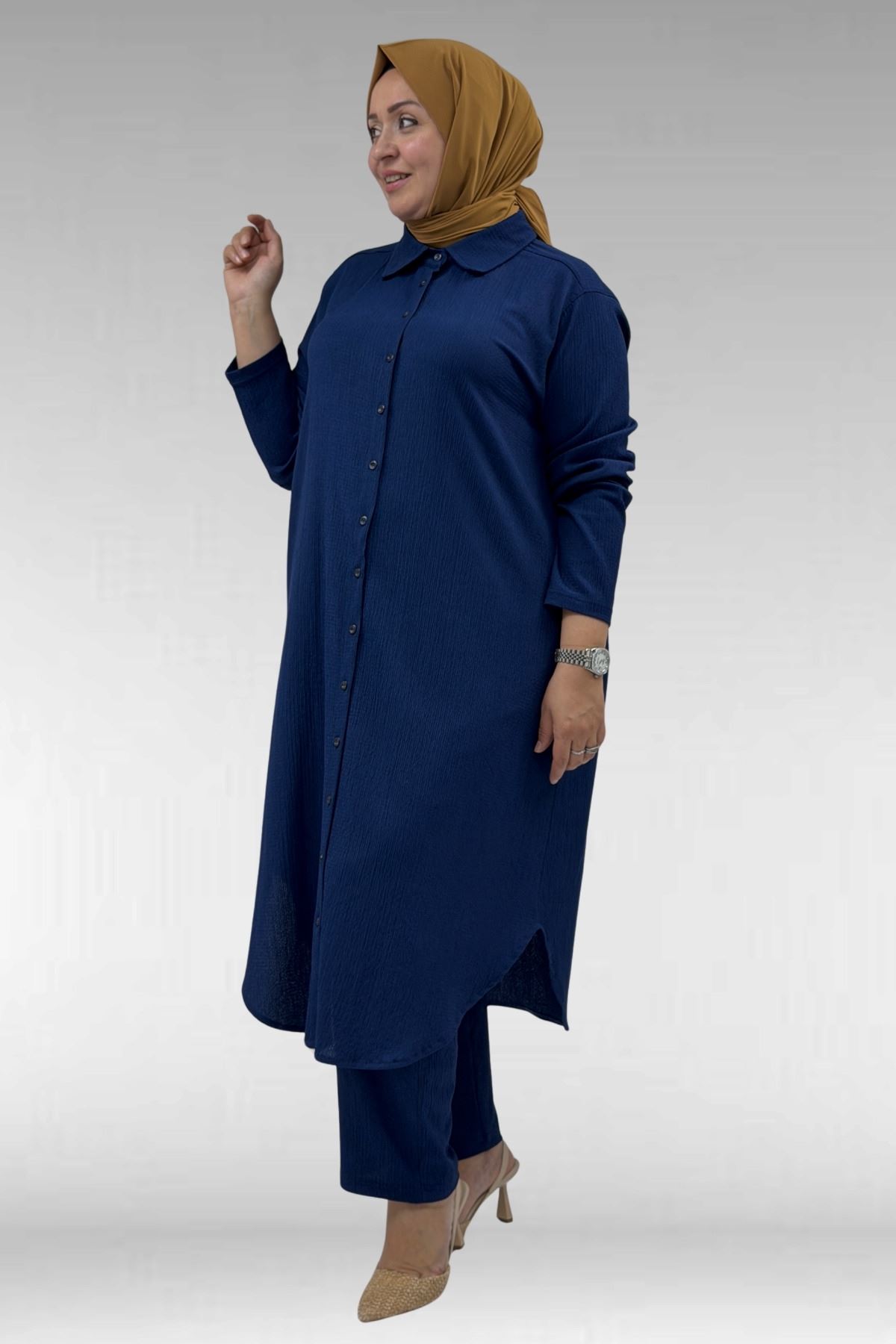 37013 Large Size Buttoned Suit with Wrinkled Trousers-Navy Blue