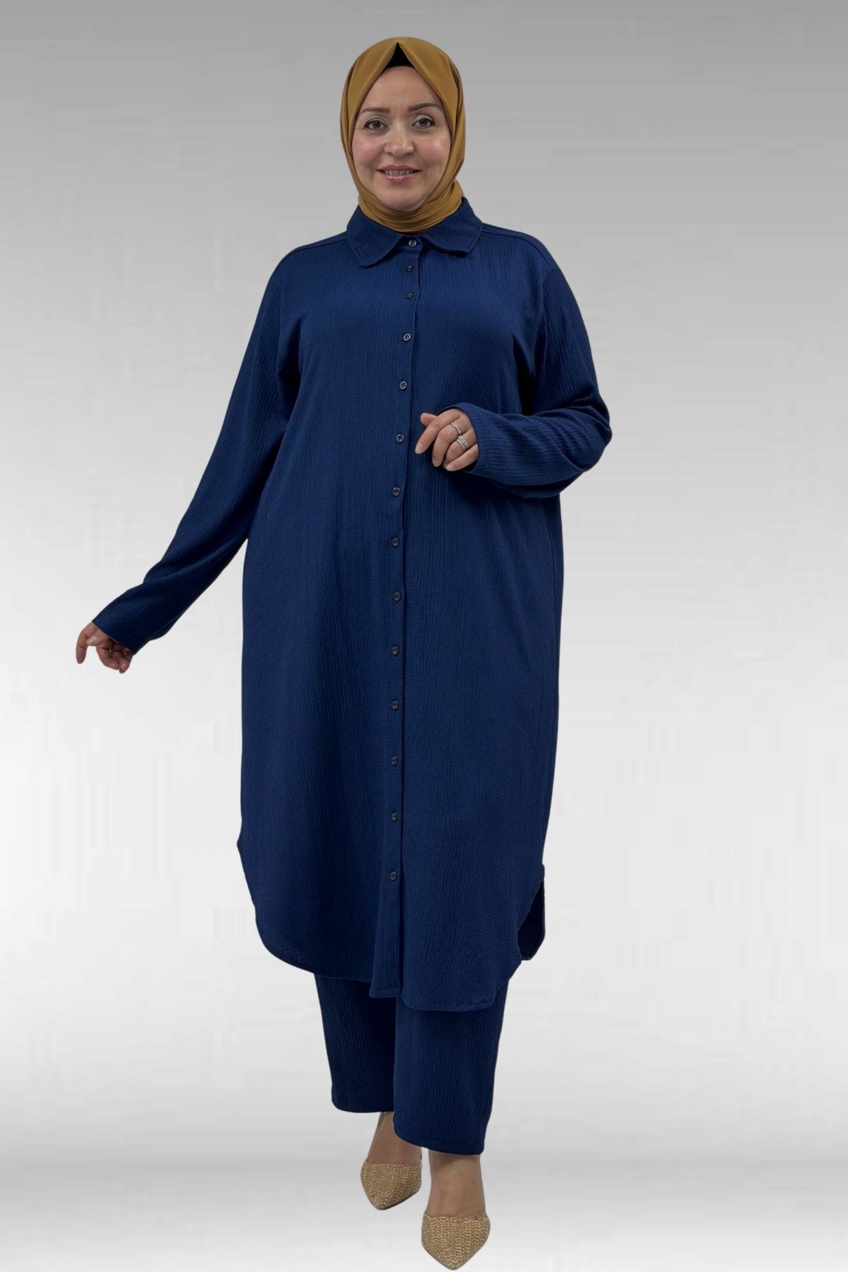 37013 Large Size Buttoned Suit with Wrinkled Trousers-Navy Blue