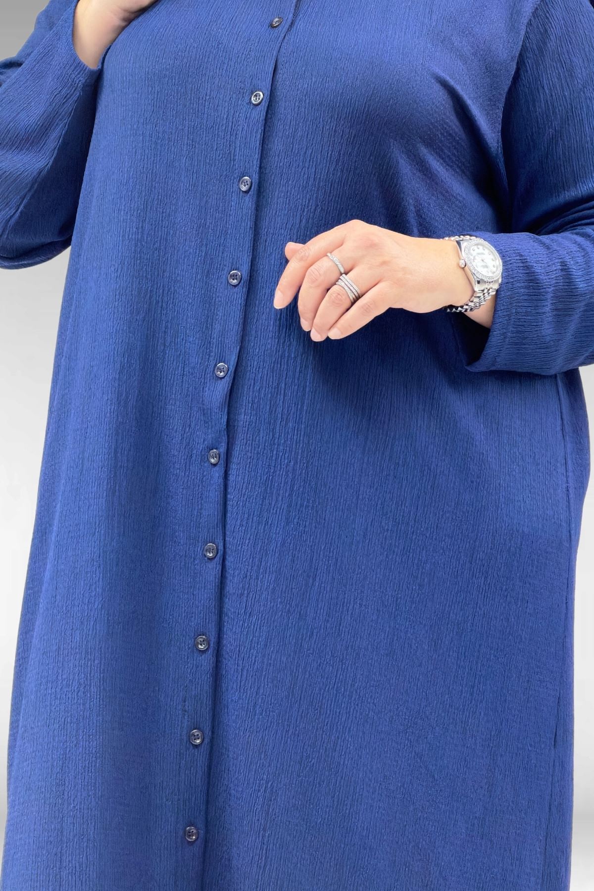 37013 Large Size Buttoned Suit with Wrinkled Trousers-Navy Blue