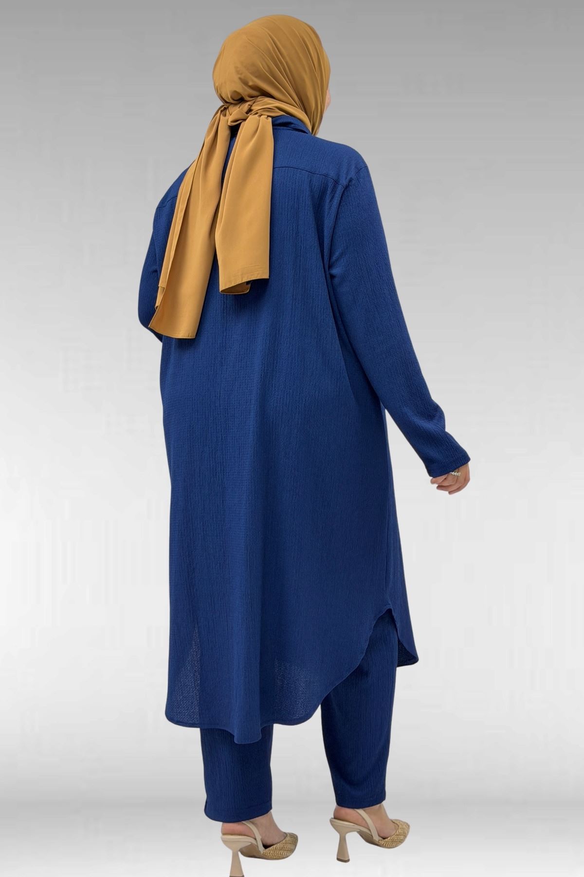 37013 Large Size Buttoned Suit with Wrinkled Trousers-Navy Blue