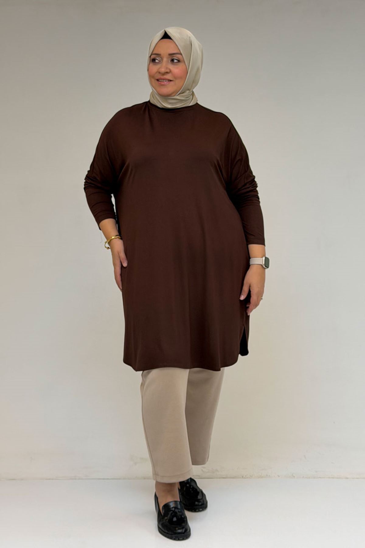 38111 Plus Size Basic Combed Cotton Tunic - Brown