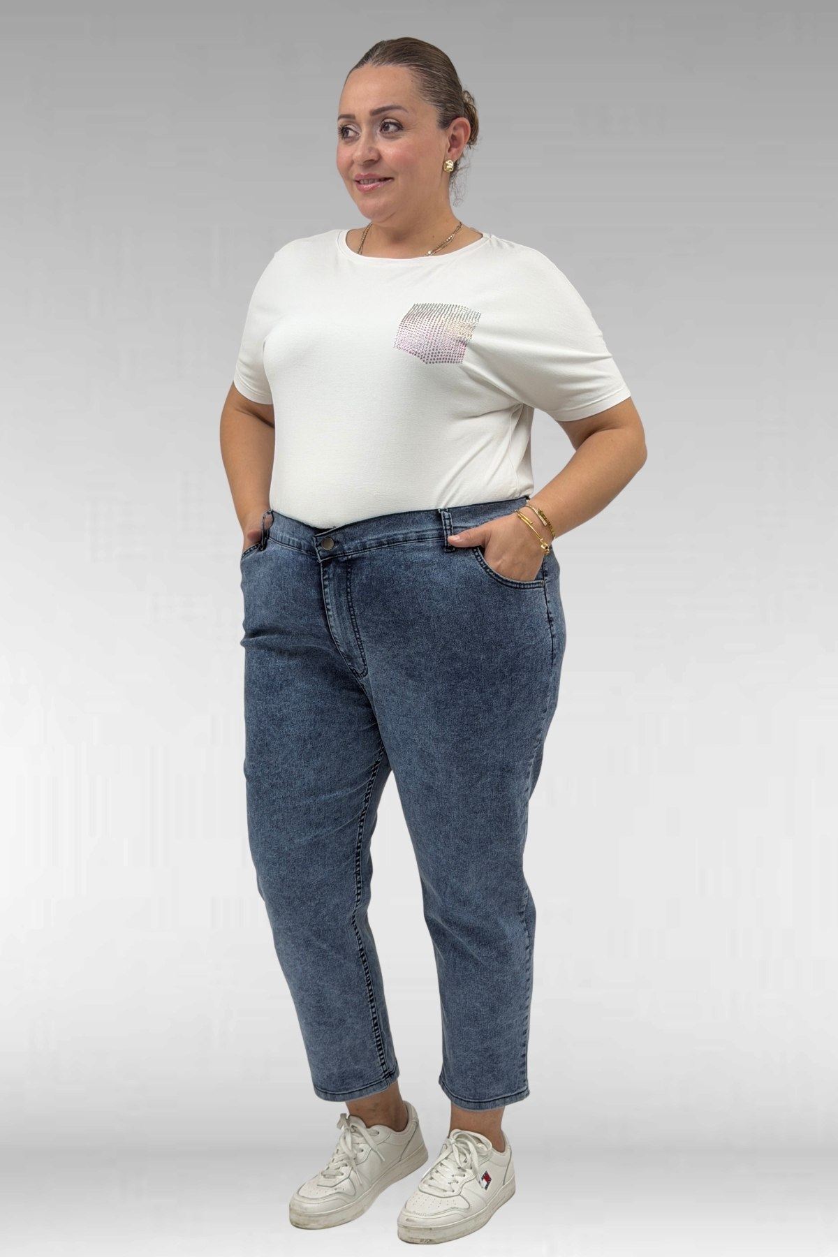 9125-8 Büyük Beden Boy Friend Kot Pantolon - Kar Yıkama Lacivert