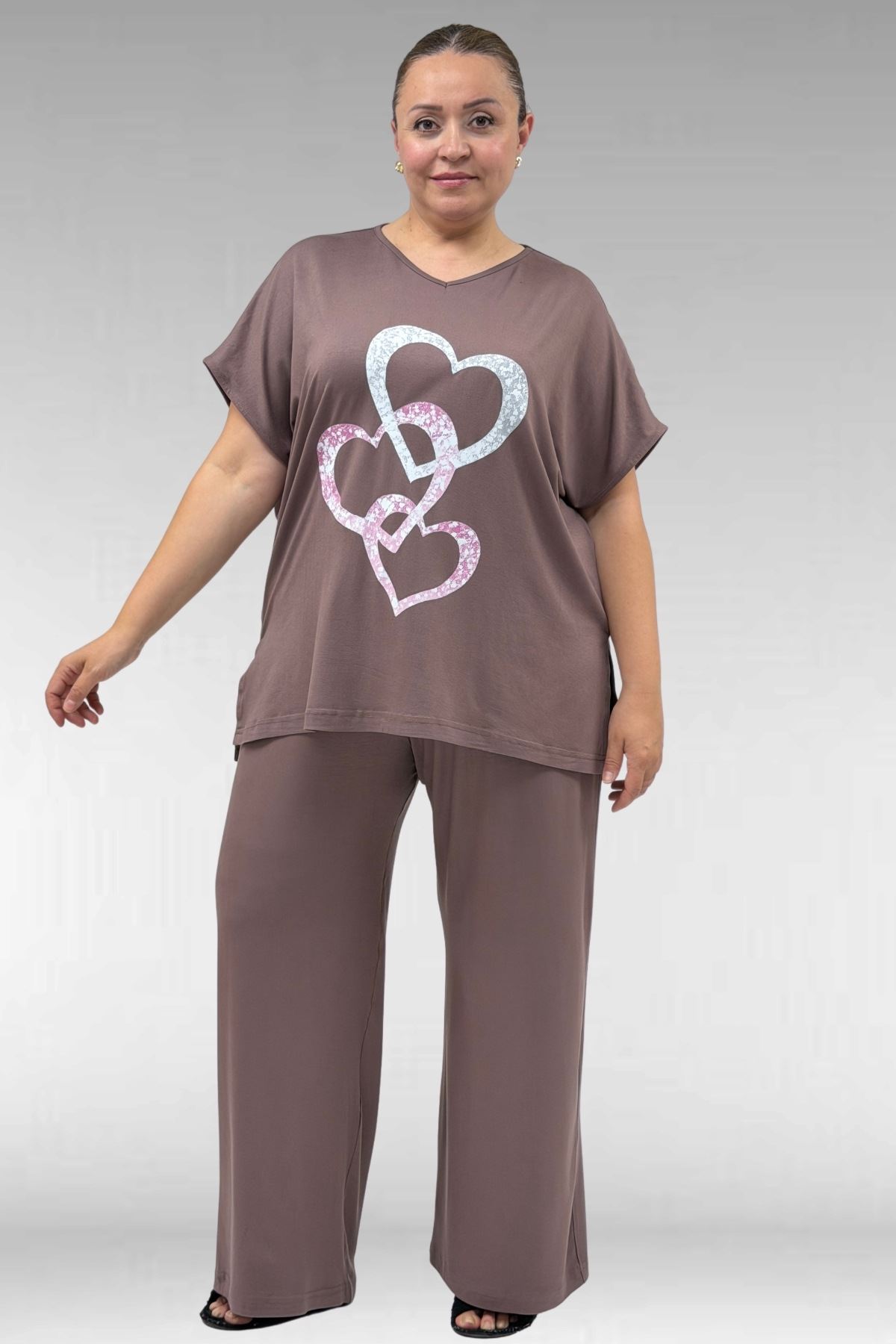 67803 Büyük Beden Yanı Yırtmaçlı Penye Pijama Takımı - Vizon