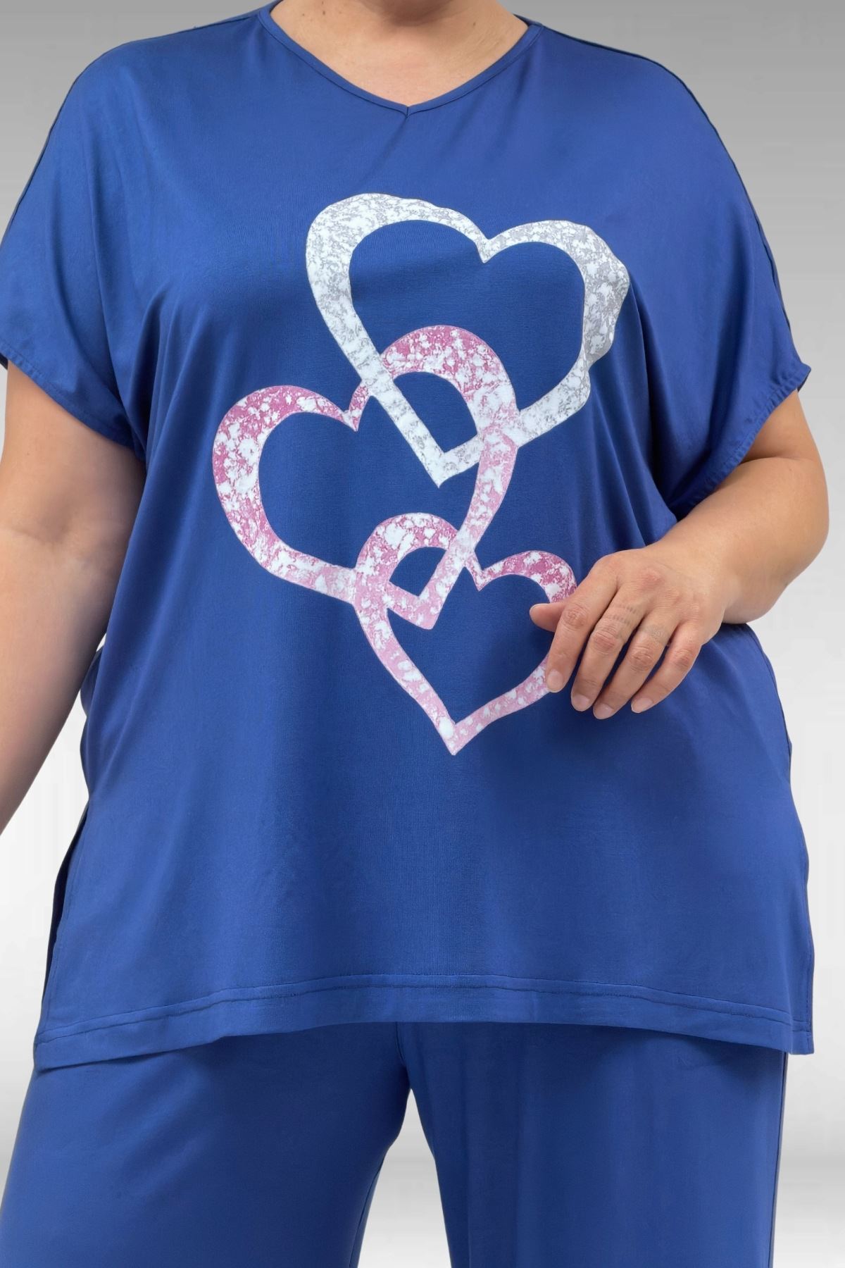 67803 Büyük Beden Yanı Yırtmaçlı Penye Pijama Takımı - İndigo